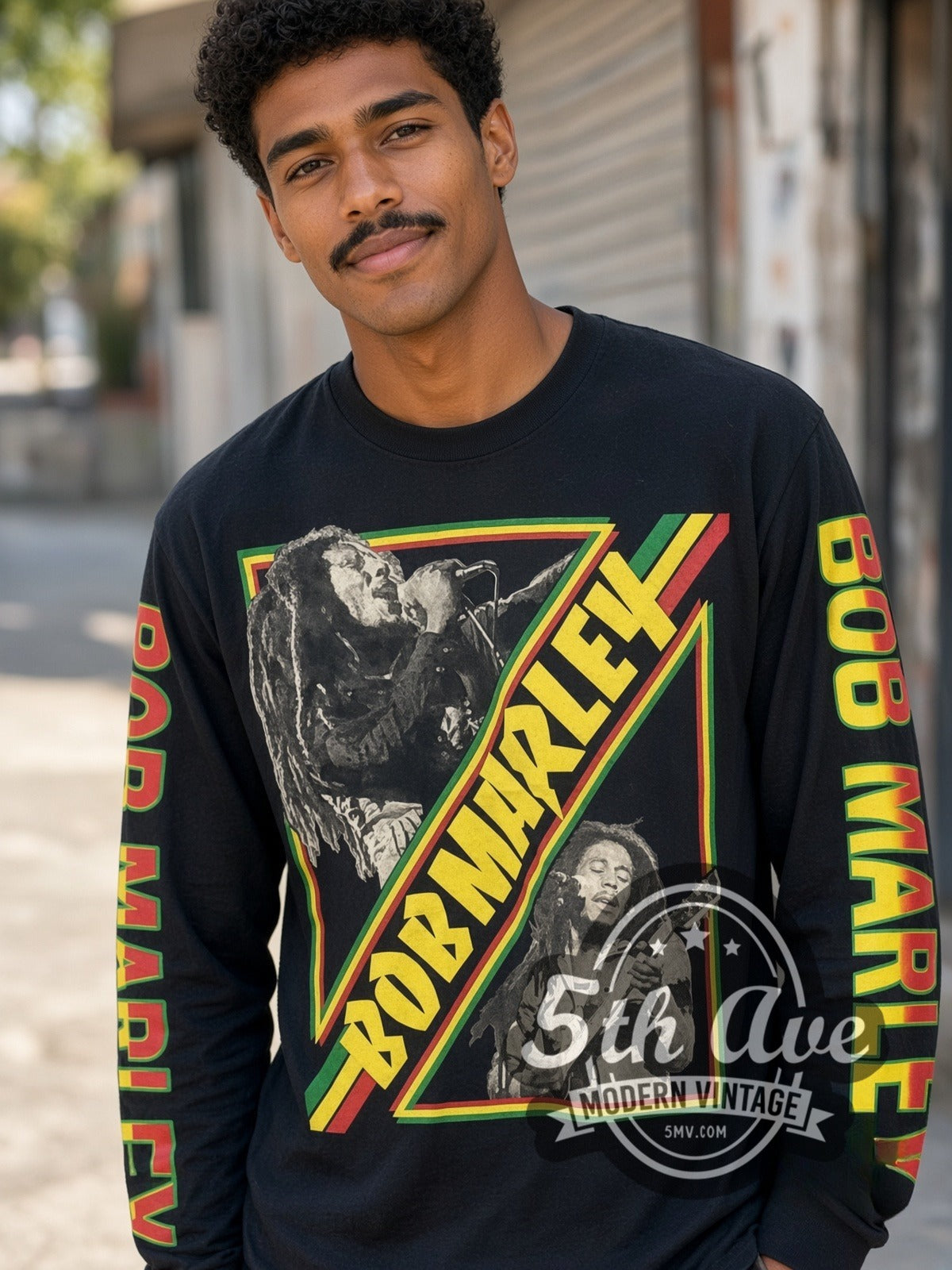 Model wearing the Bob Marley Diagonal Photos vintage band long sleeve t-shirt