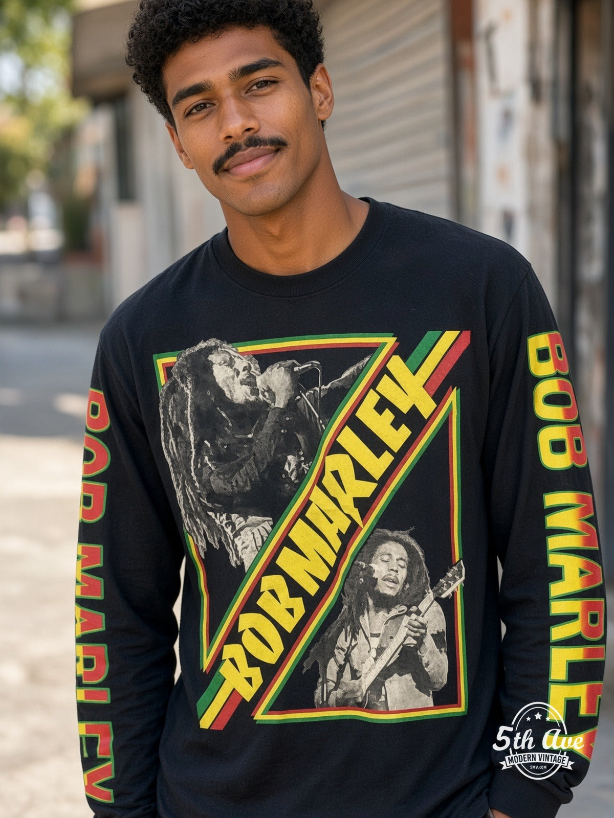 ETS LS 01 Bob Marley Diagonal Photos long sleeve vintage tee worn by a model