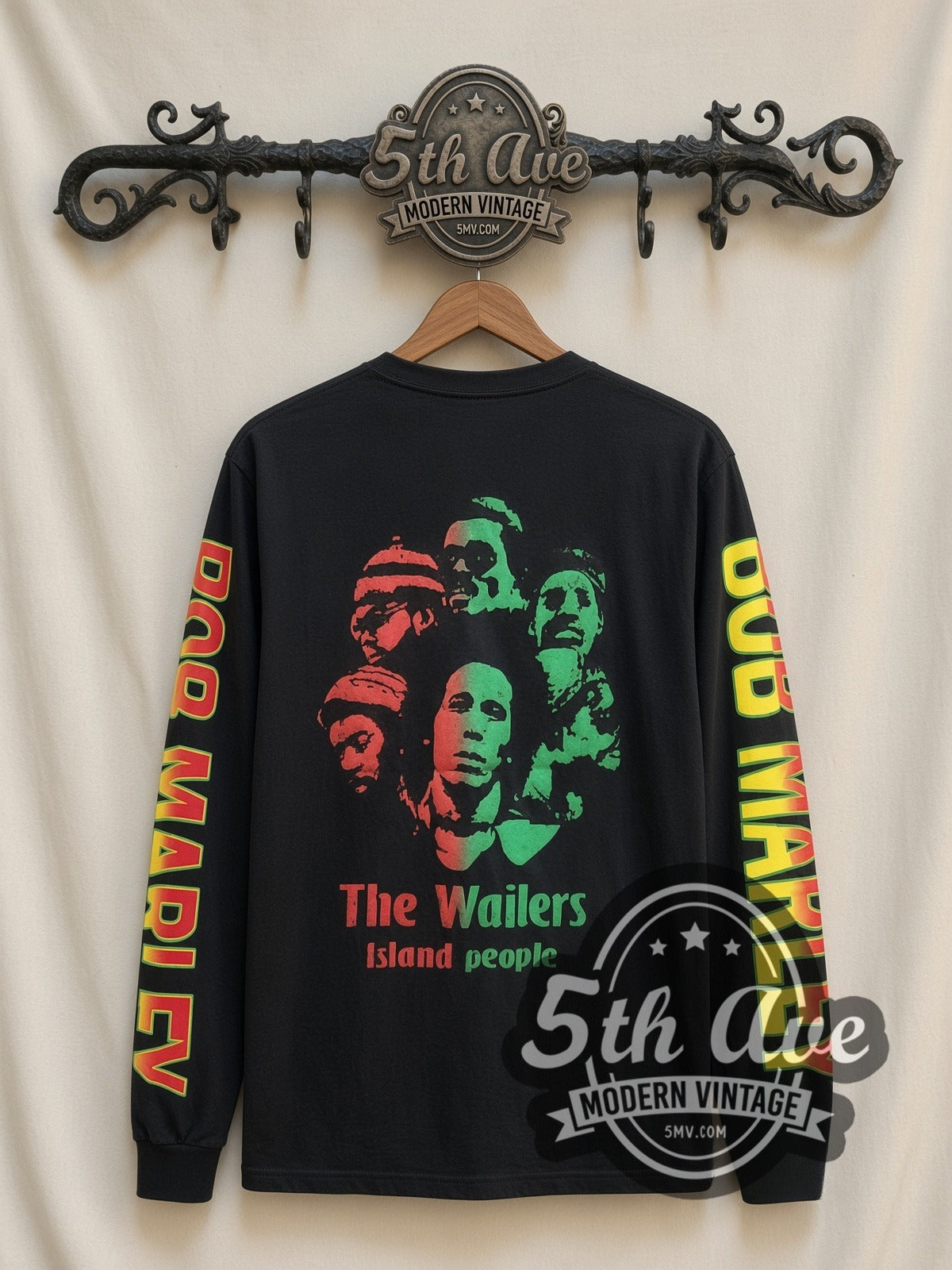 Bob Marley Diagonal Photos vintage band long sleeve t-shirt, back view on a display rack