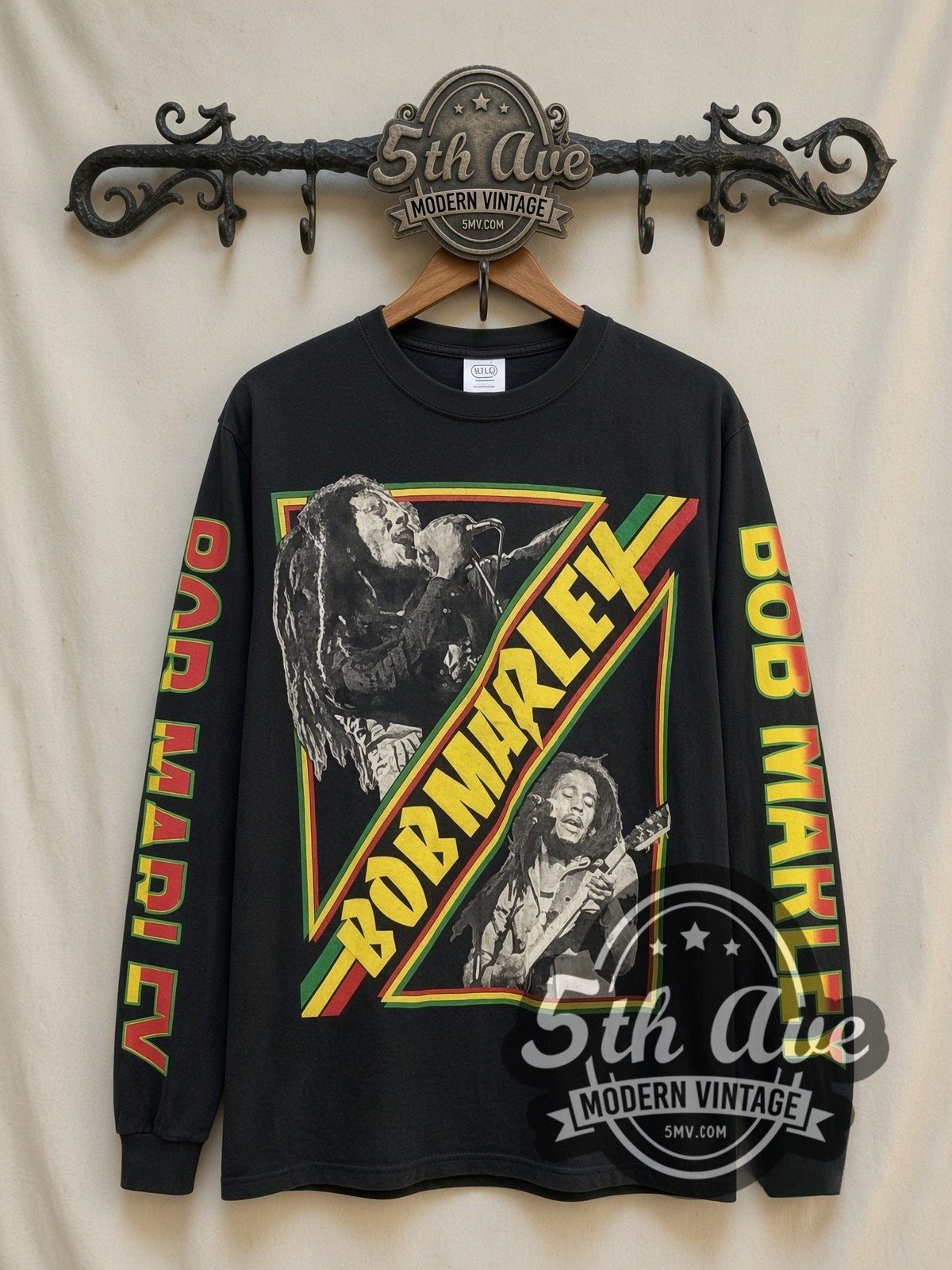 Bob Marley Diagonal Photos vintage band long sleeve t-shirt, front view on a display rack