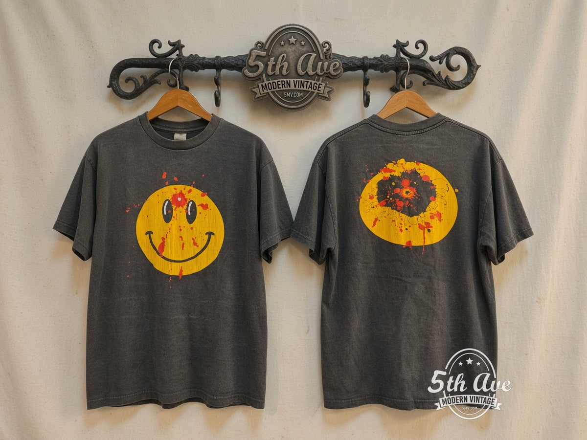 Smiley Face Bullet Hole vintage band t-shirt front and back on rack