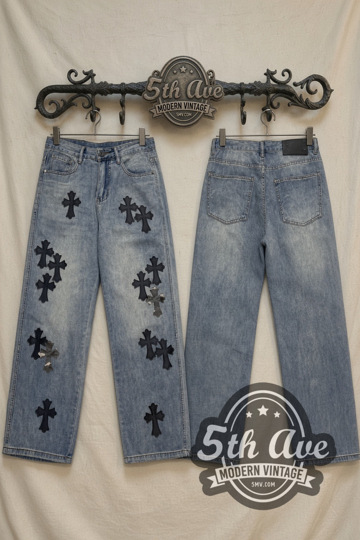Light Wash Black + Camo Cross Patch Streetwear Jeans – Vintage Style vintage jeans on rack