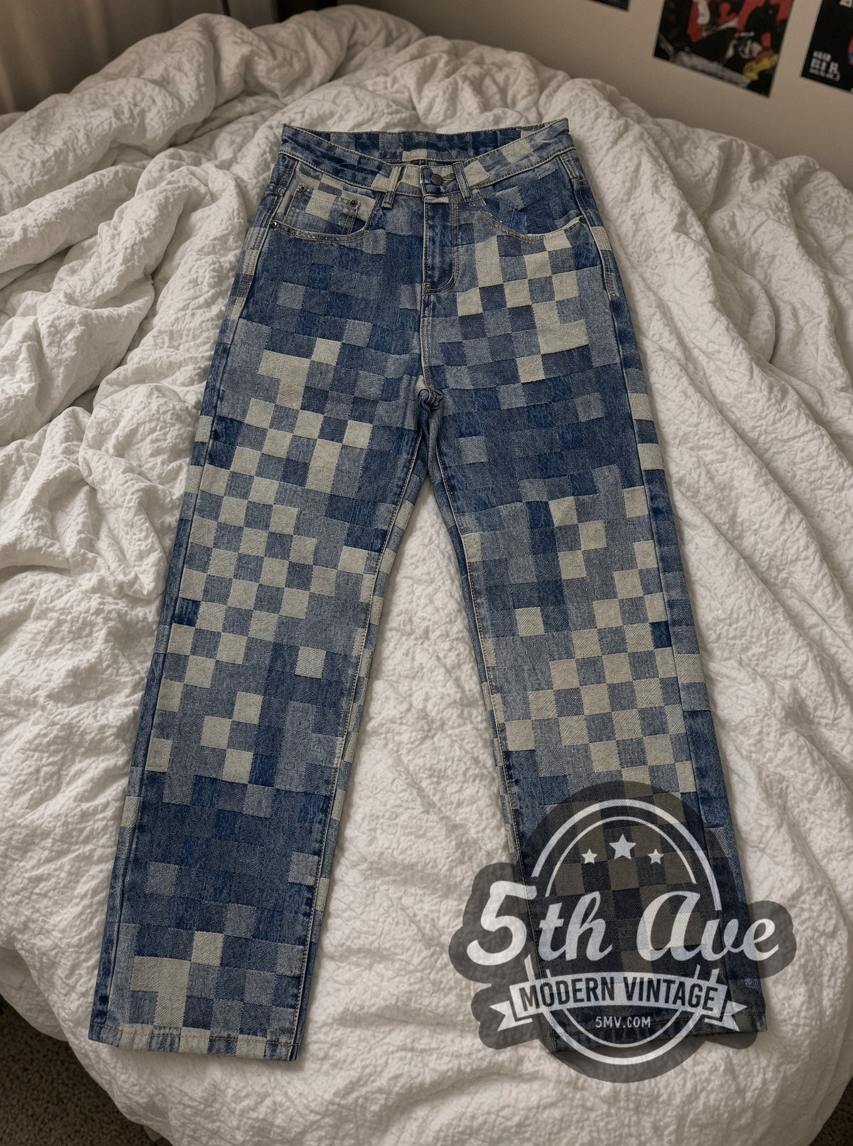 Pixel Checkerboard Denim Jeans – Vintage Streetwear vintage jeans laid on bed