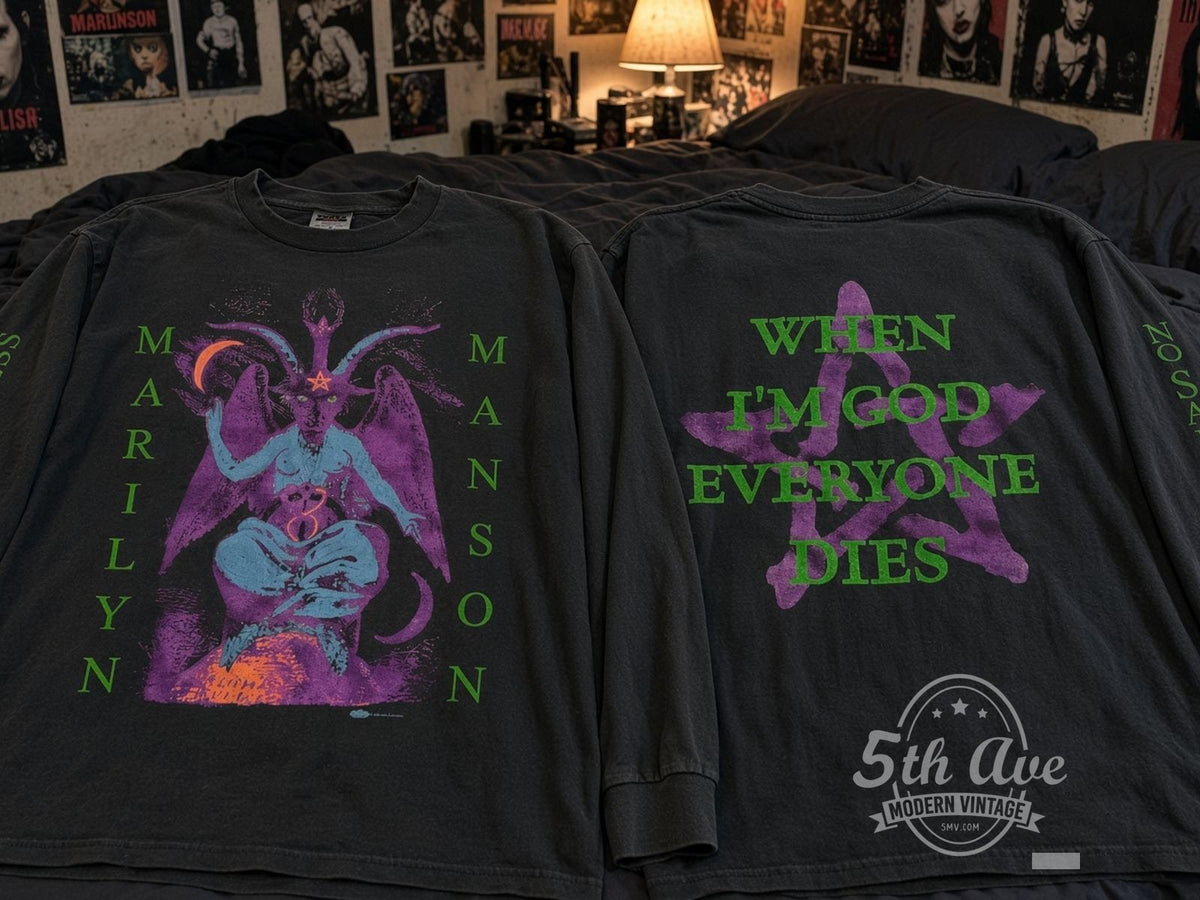 Marilyn Manson When I'm God Everyone Dies vintage t-shirt laid on bed