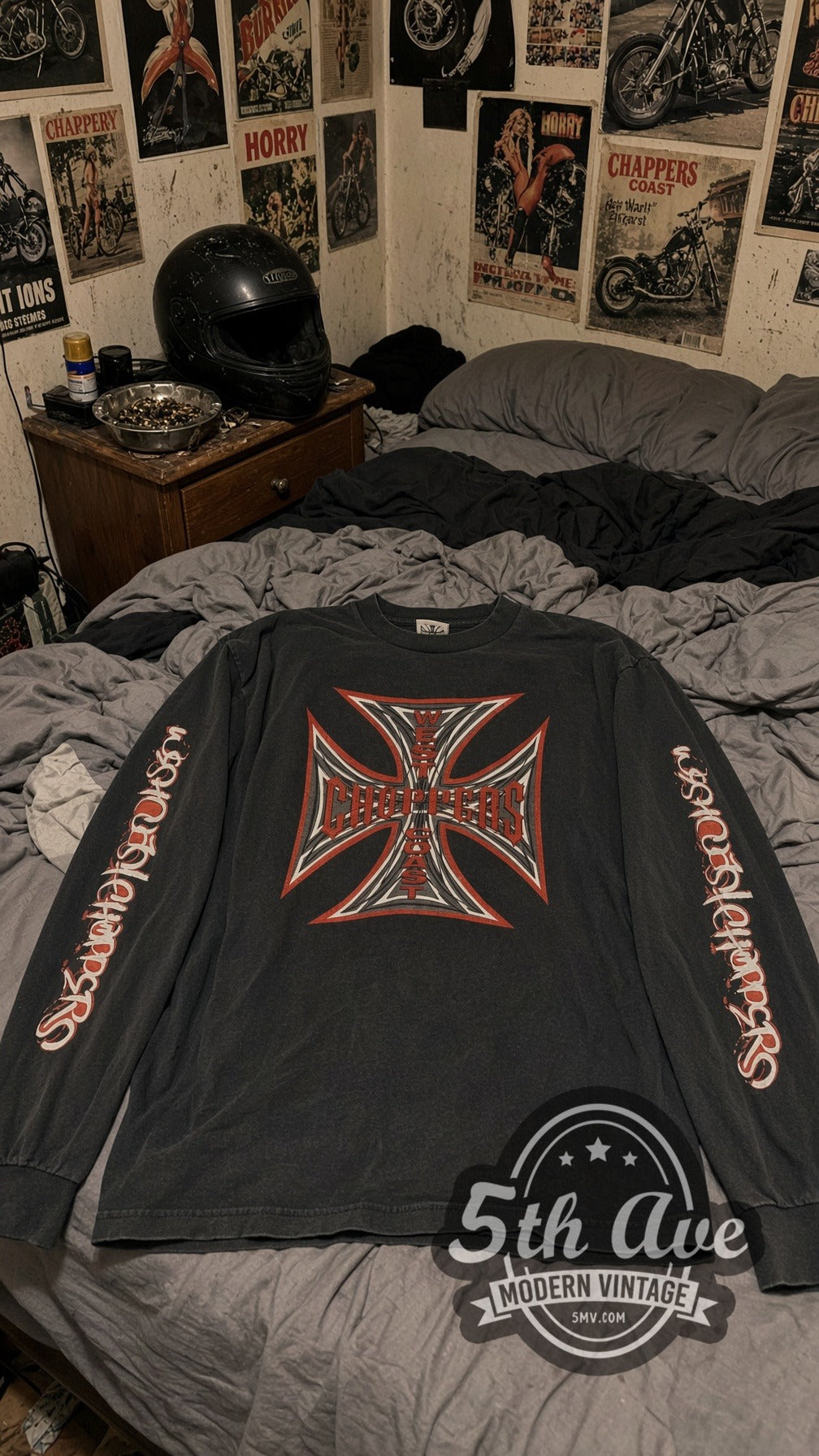 West Coast Choppers Iron Cross vintage biker long sleeve tee laid flat