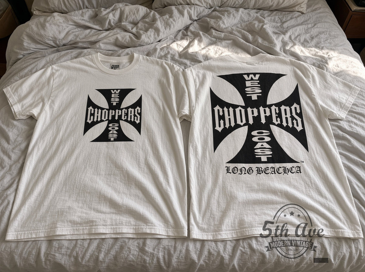 West Coast Choppers – Iron Cross Long Beach CA White – Vintage Graphic Tee vintage t-shirt laid on bed