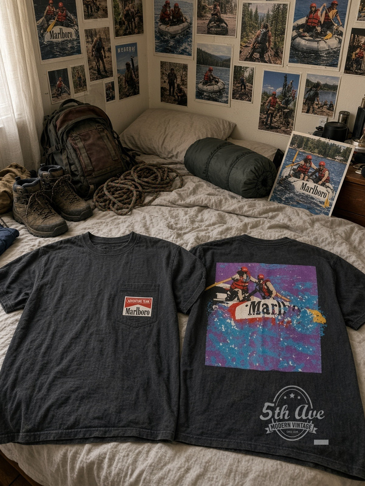 Marlboro Adventure Team – Vintage Graphic Tee vintage t-shirt laid on bed