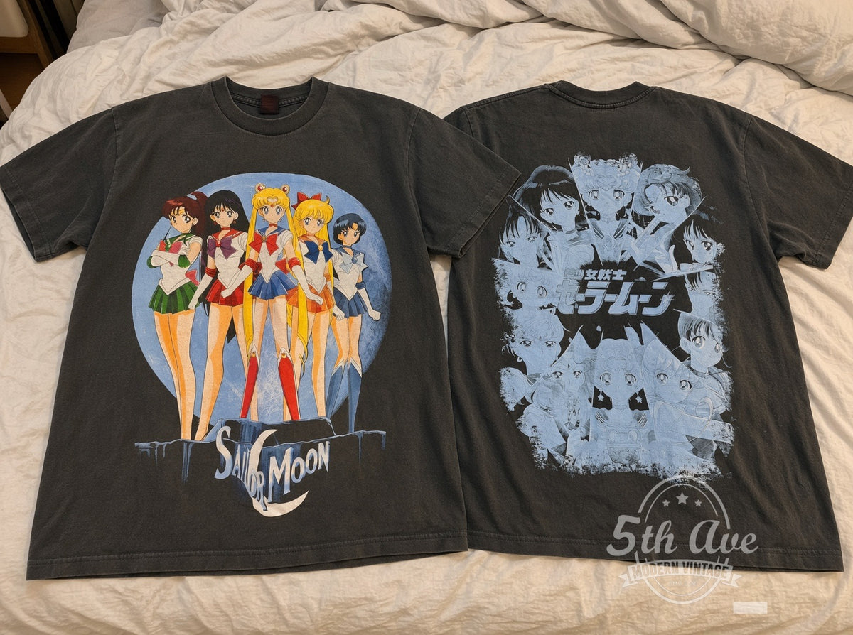 Sailor Moon – Five Guardians on the Moon – Vintage Anime T-Shirt vintage t-shirt laid on bed