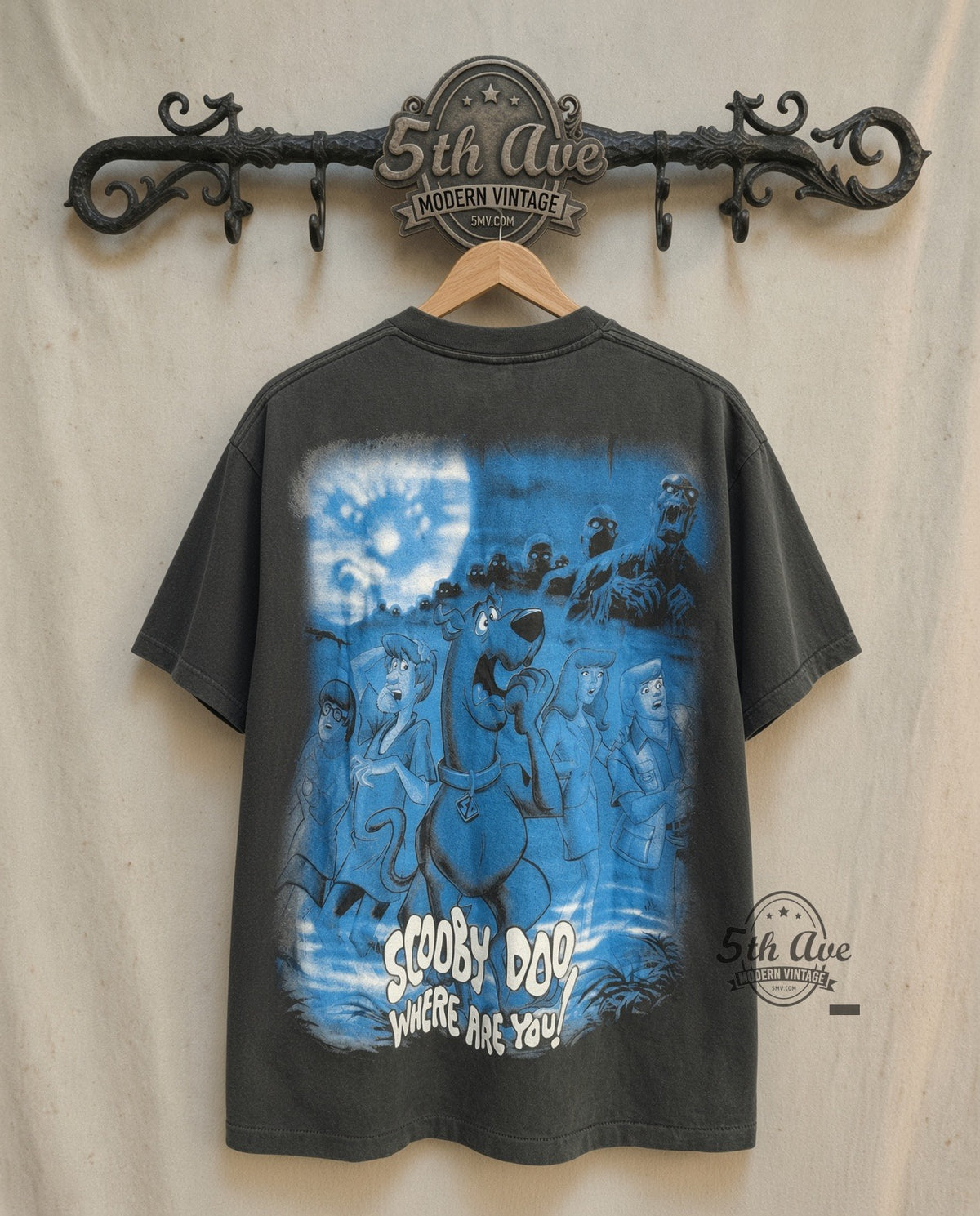 Scooby-Doo Where Are You Zombie Night graphic tee, back view on a display rack