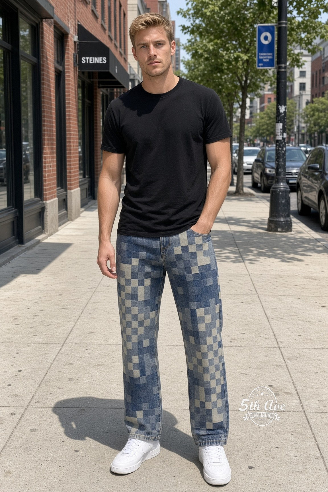 Model wearing Pixel Checkerboard Denim Jeans vintage streetwear