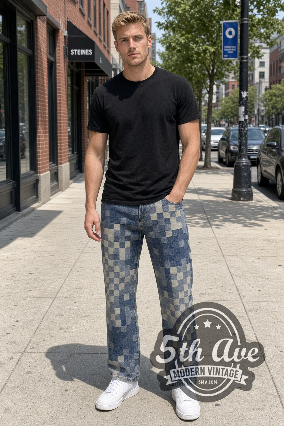 Model wearing Pixel Checkerboard Denim Jeans – Vintage Streetwear vintage jeans