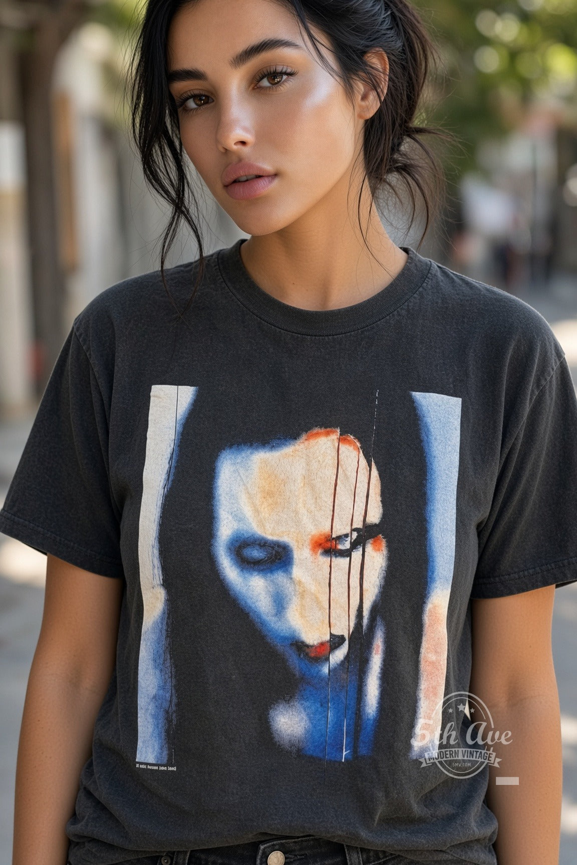 Model wearing Marilyn Manson – The Long Hard Road Out of Hell vintage band tee