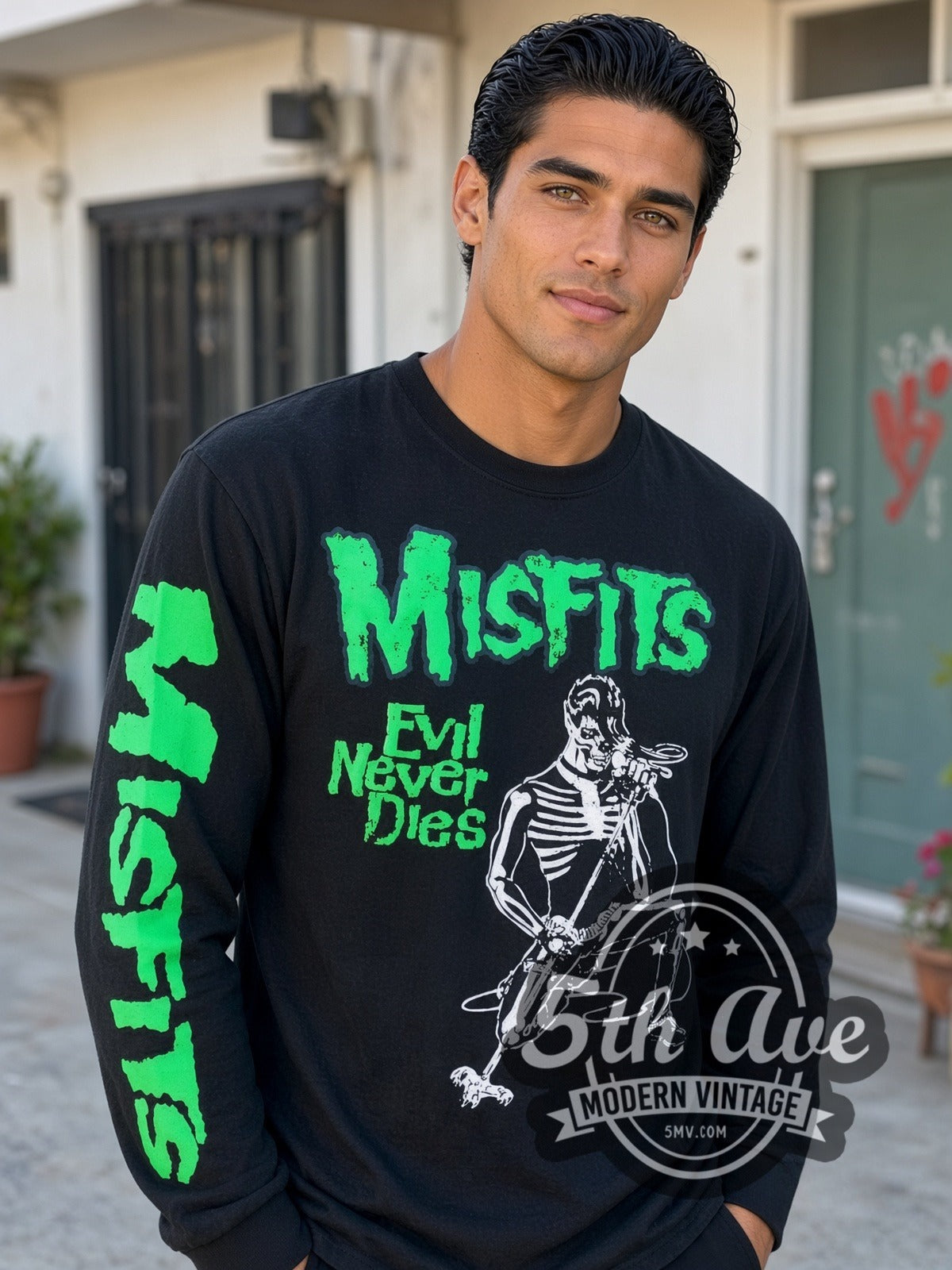Model wearing the Misfits Evil Never Dies Skeleton vintage band long sleeve t-shirt