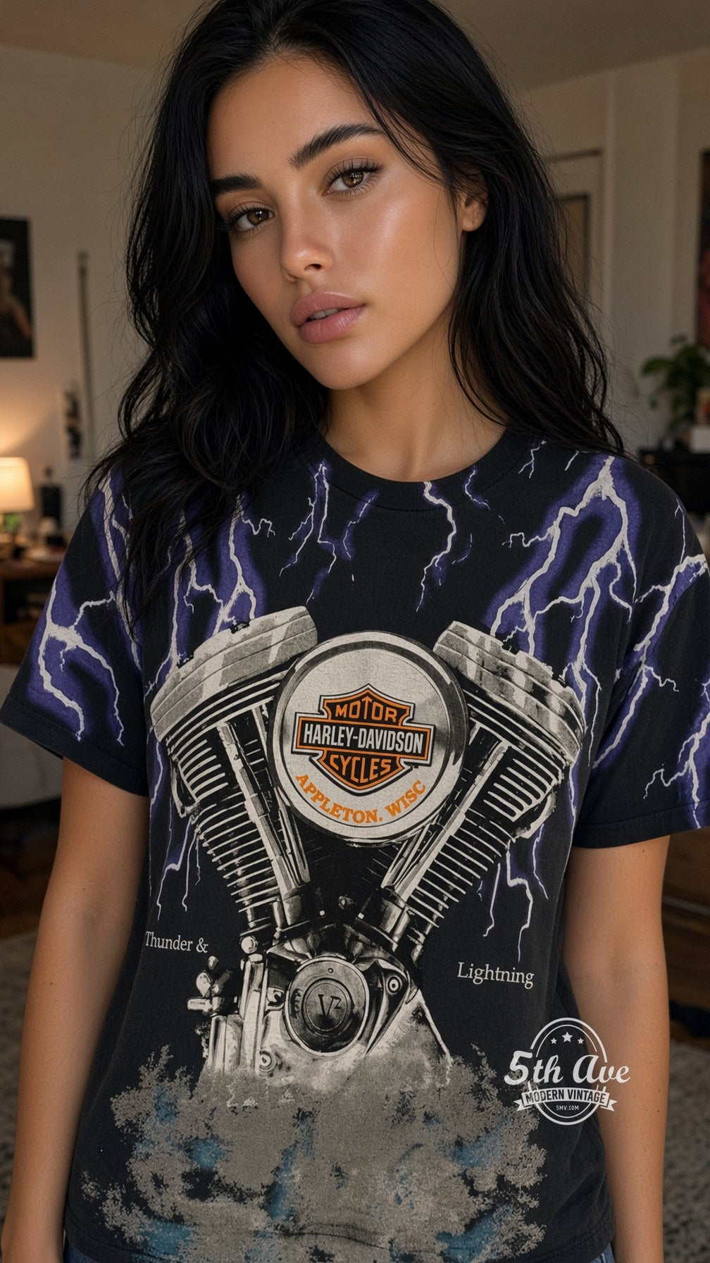 Model wearing Harley-Davidson vintage band t-shirt