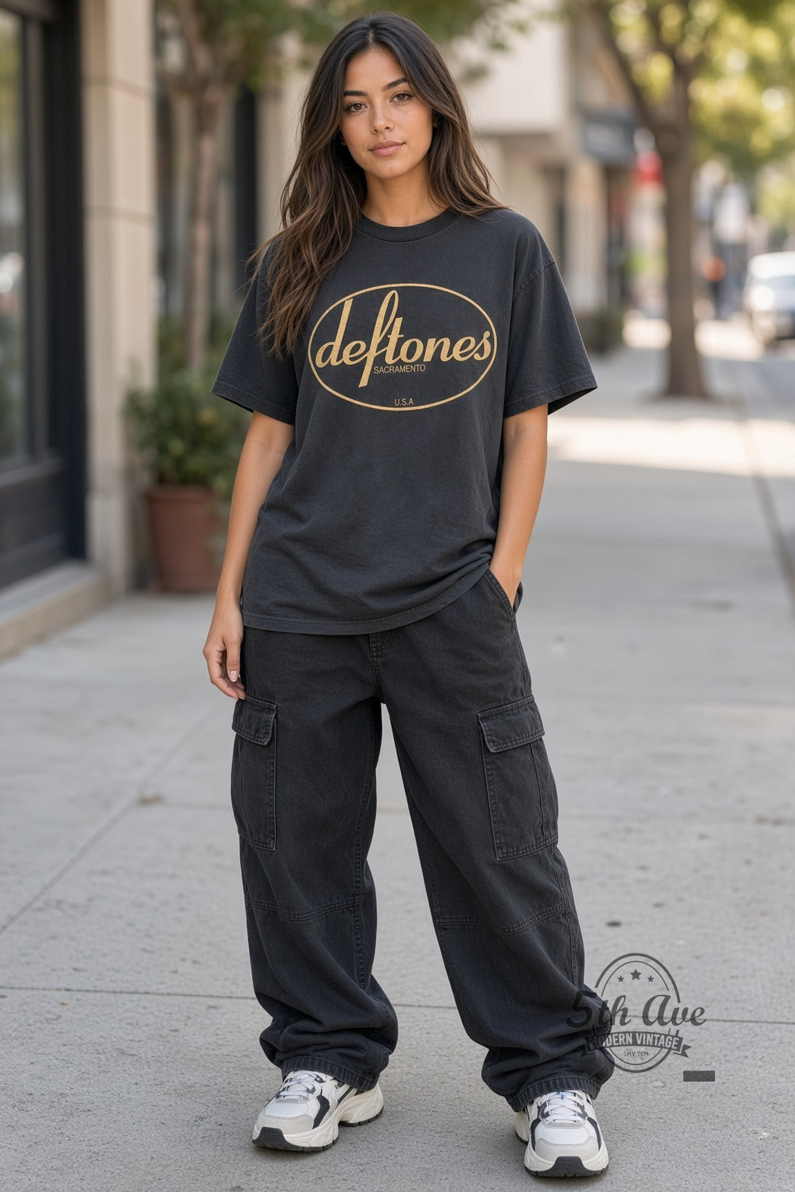 Model wearing Deftones vintage band t-shirt
