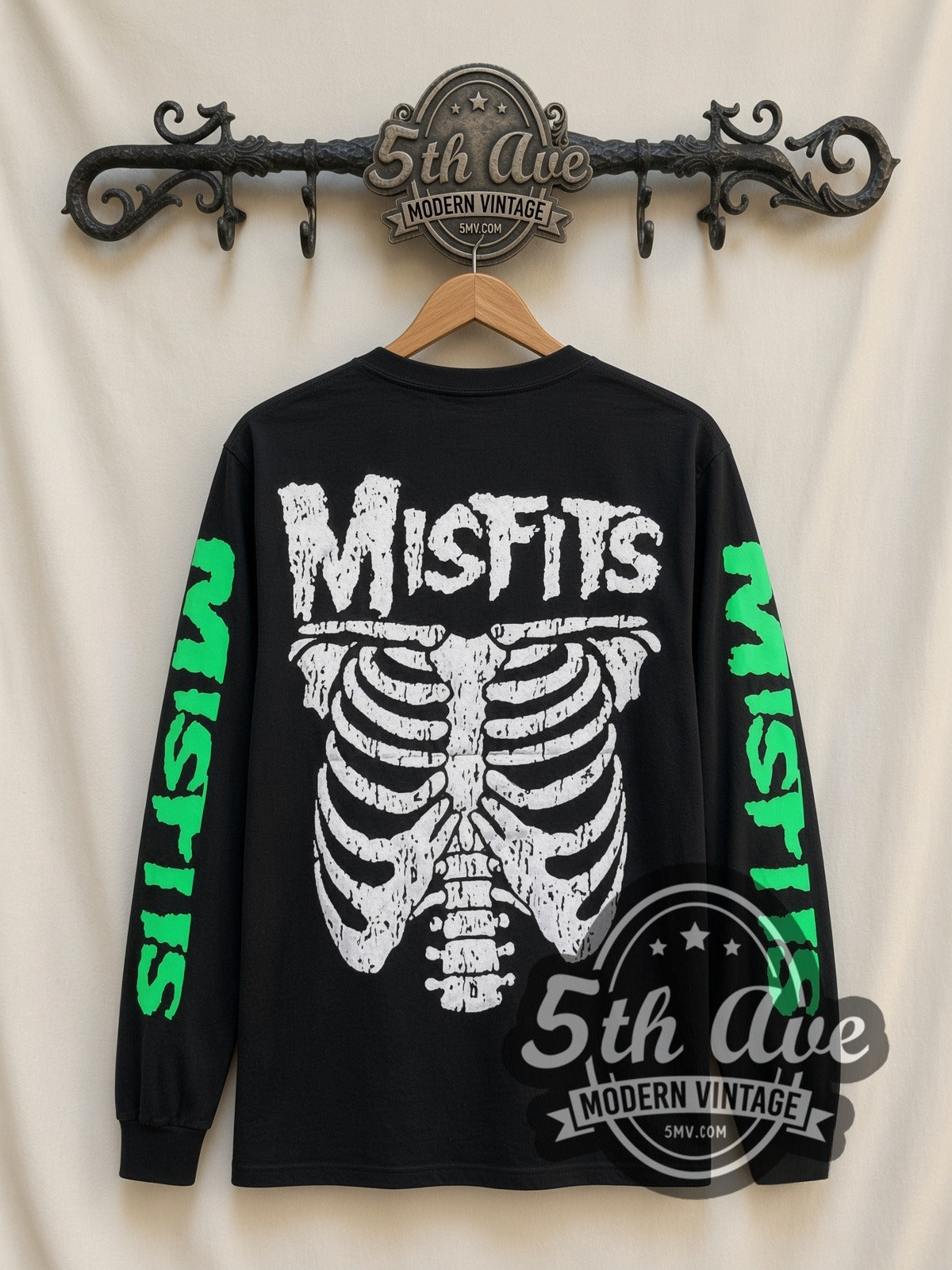 Misfits Evil Never Dies Skeleton vintage band long sleeve t-shirt, back view on a display rack