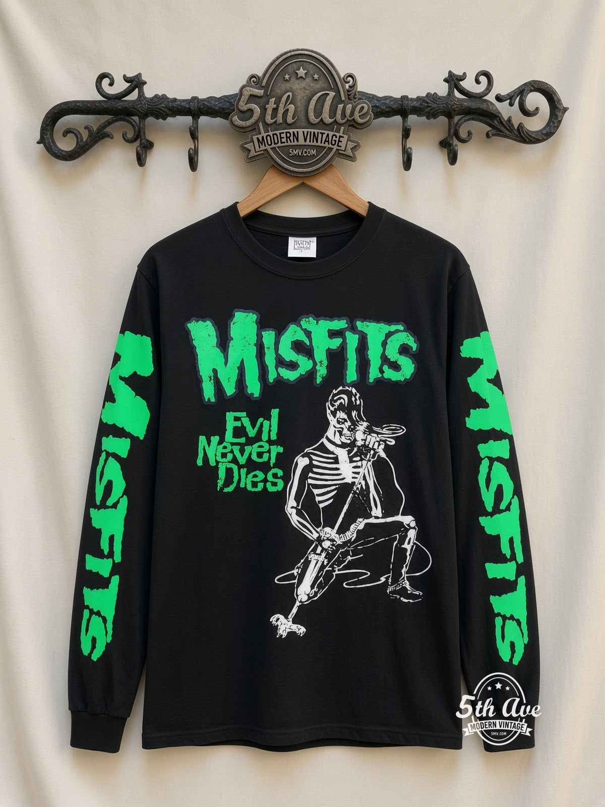 ETS LS 03 Misfits Evil Never Dies Skeleton long sleeve vintage tee on rack, front