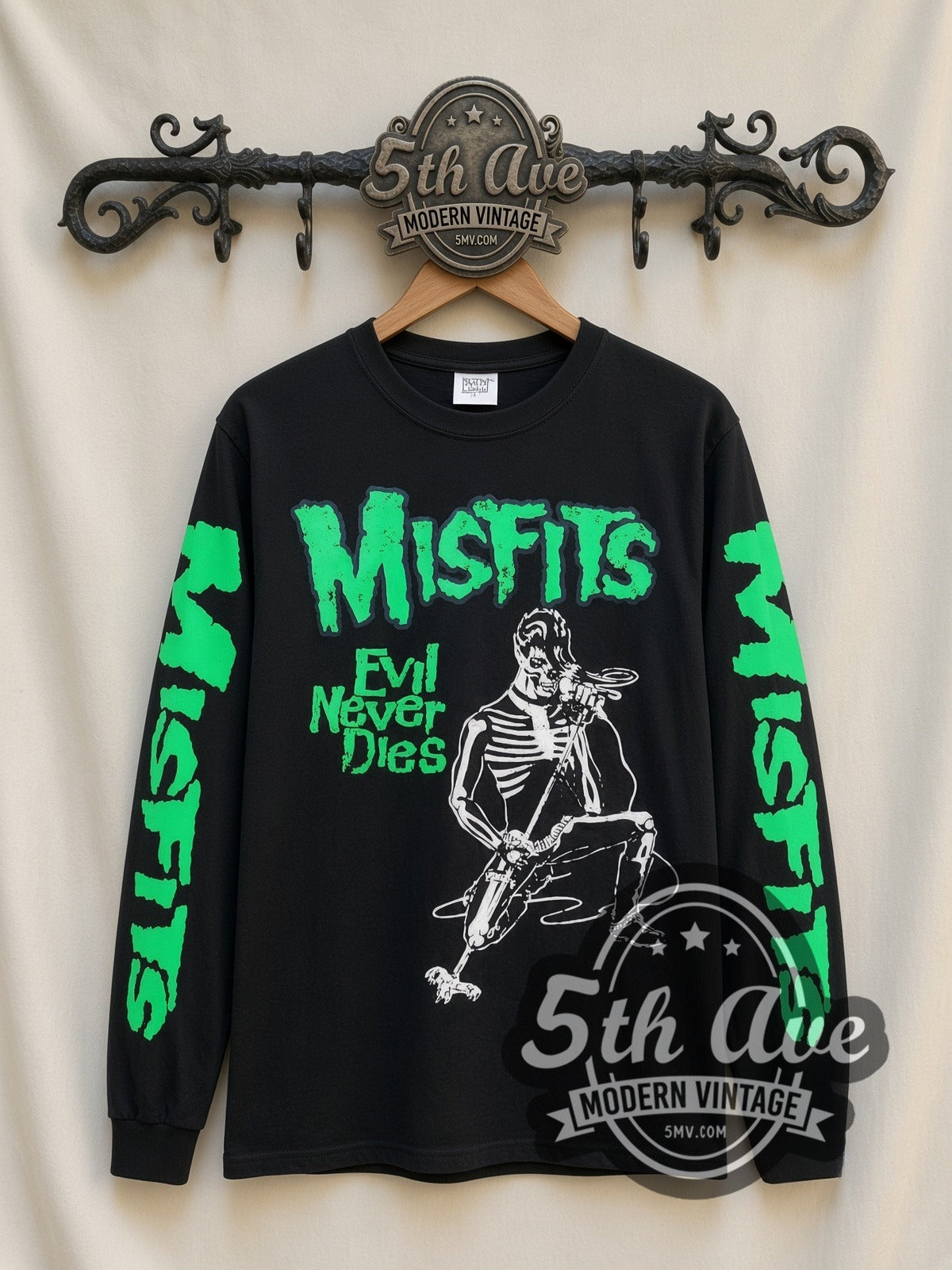 Misfits Evil Never Dies Skeleton vintage band long sleeve t-shirt, front view on a display rack