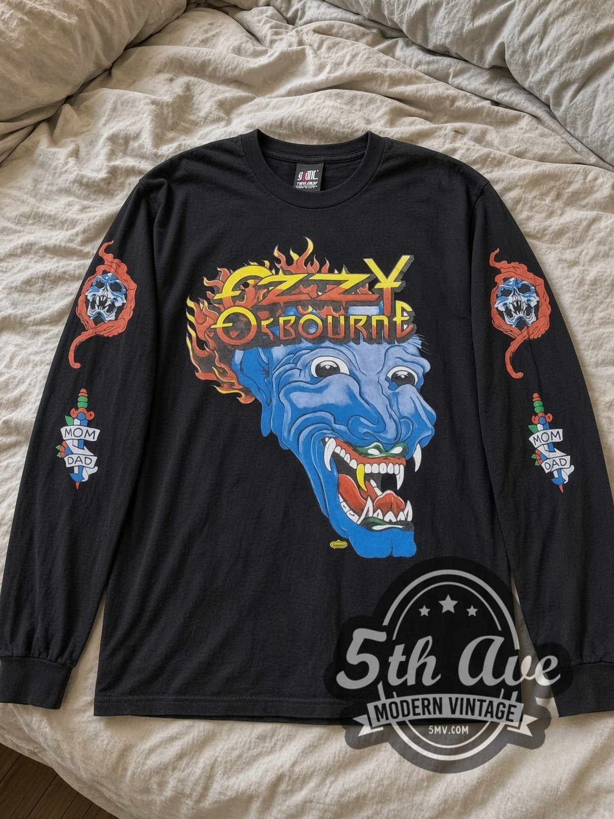 Ozzy Osbourne Flaming Blue Demon vintage band long sleeve tee laid flat