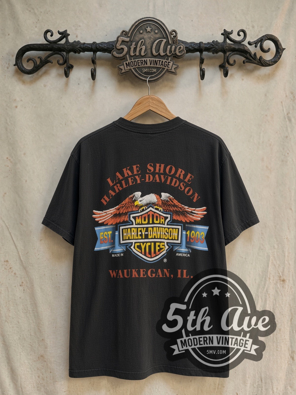 Harley-Davidson Bad to the Bone / Lake Shore Waukegan vintage Harley t-shirt, back view on a display rack