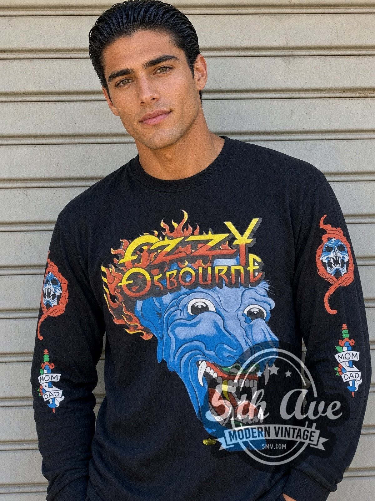 Model wearing the Ozzy Osbourne Flaming Blue Demon vintage band long sleeve t-shirt