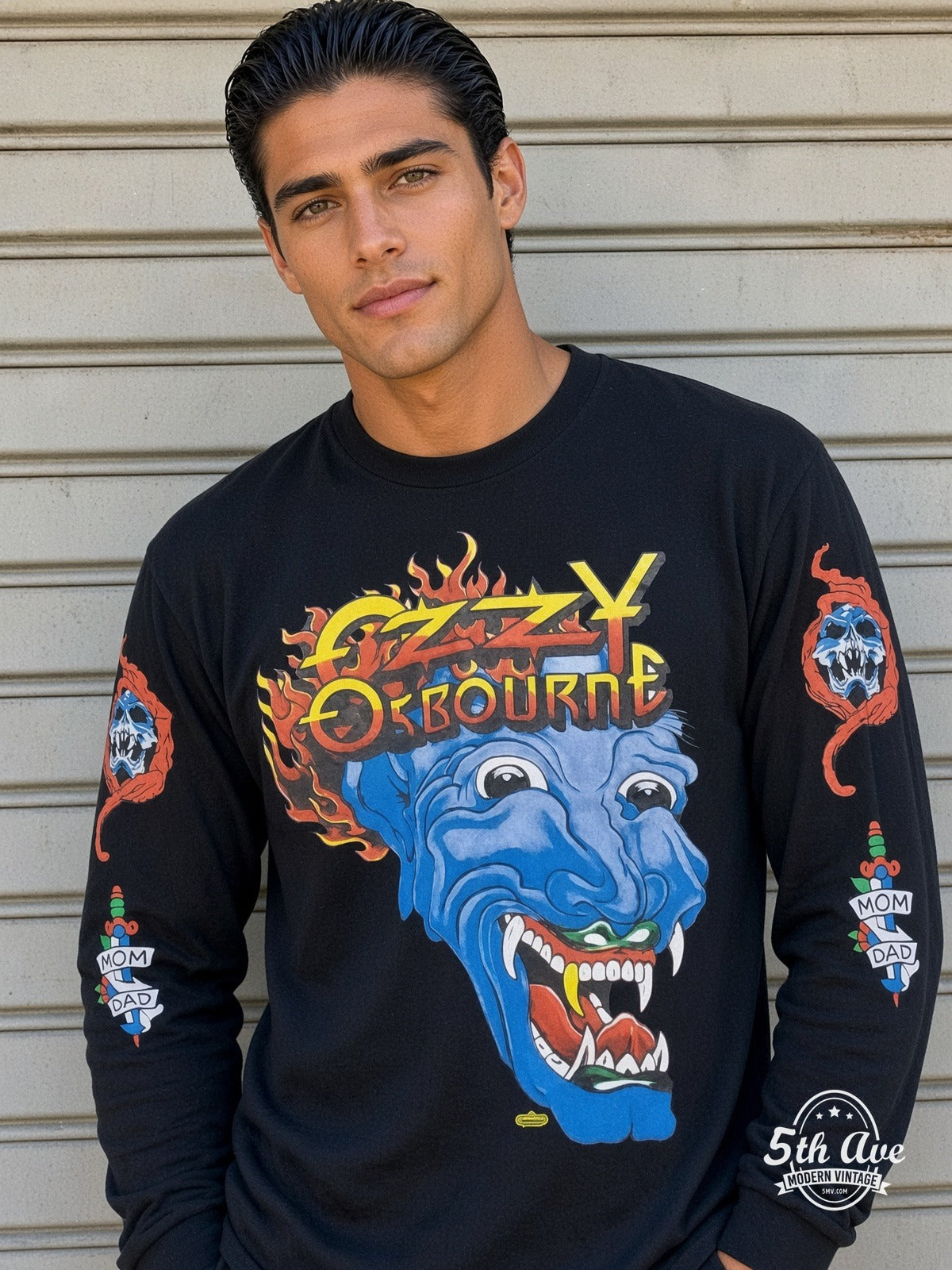 ETS LS 04 Ozzy Osbourne Flaming Blue Demon long sleeve vintage tee worn by a model