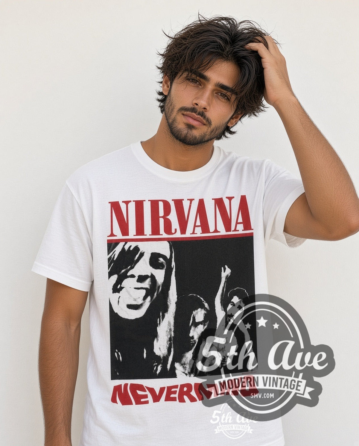 Model wearing the Nirvana Nevermind vintage band t-shirt in white