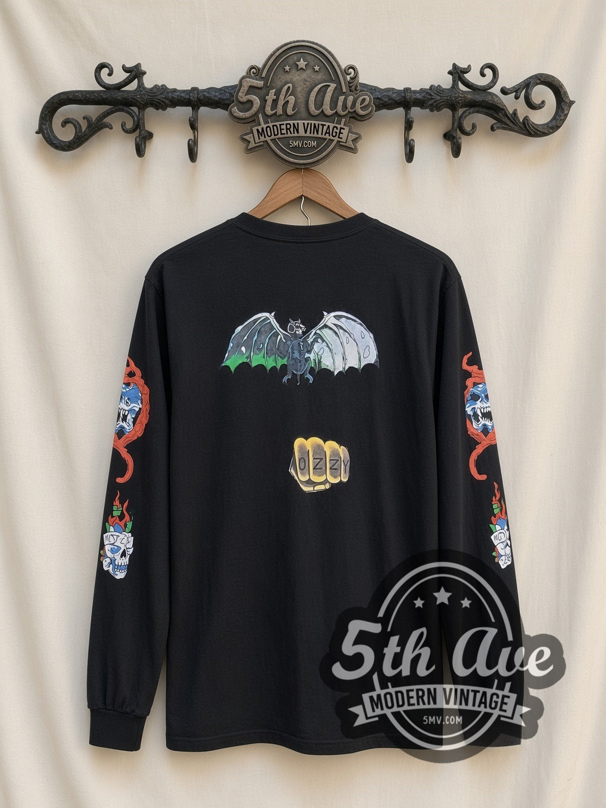 Ozzy Osbourne Flaming Blue Demon vintage band long sleeve t-shirt, back view on a display rack