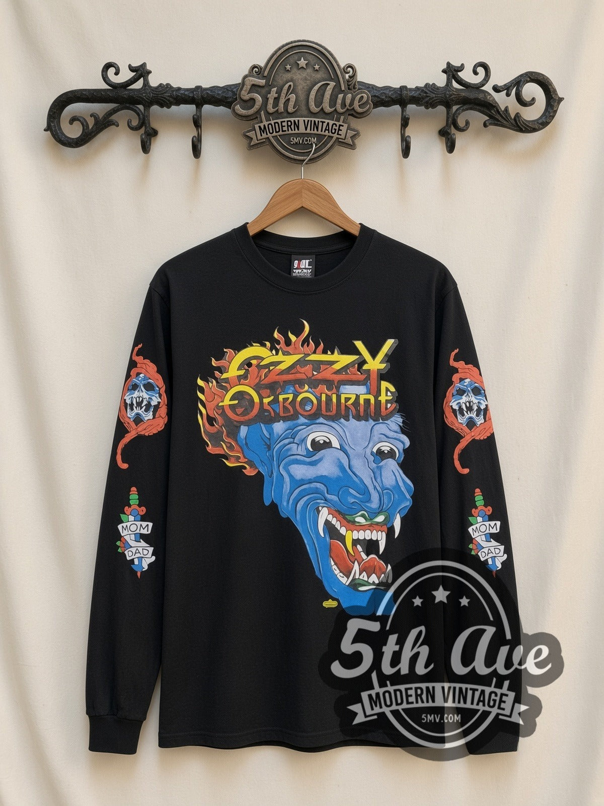 Ozzy Osbourne Flaming Blue Demon vintage band long sleeve t-shirt, front view on a display rack