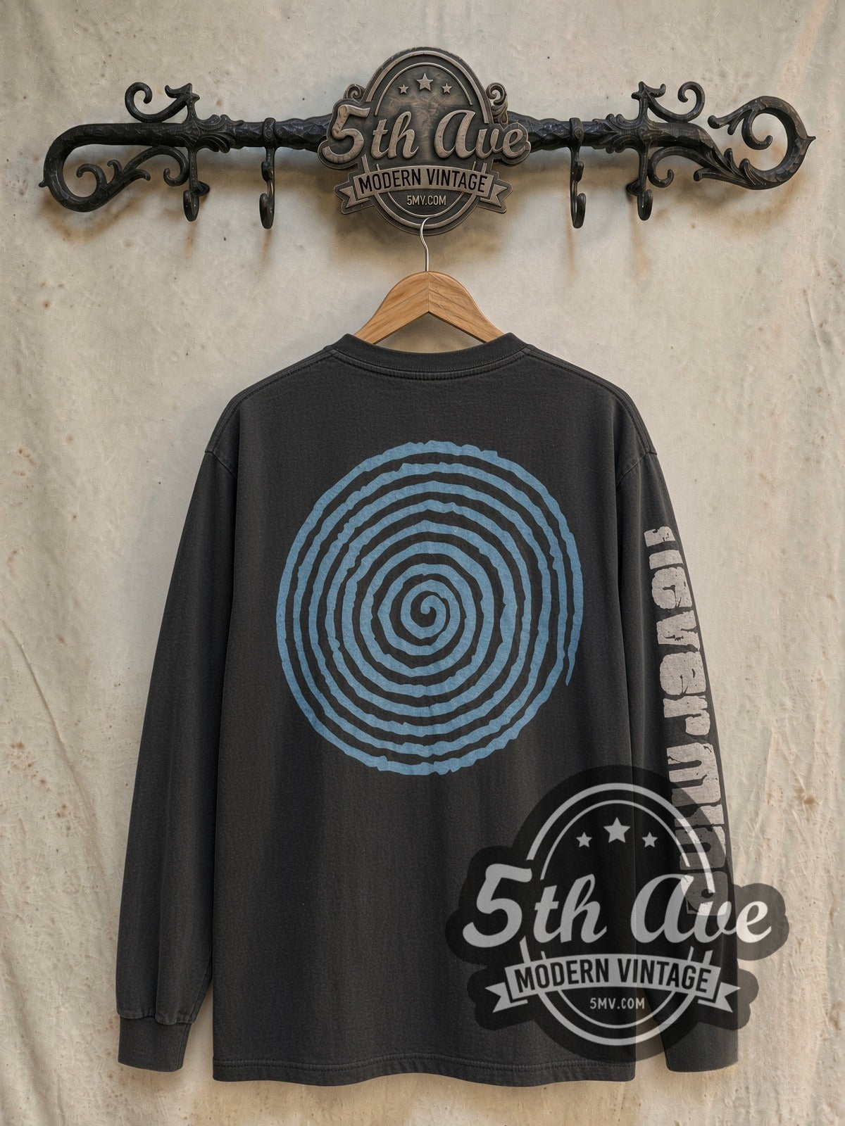 Nirvana Nevermind Kurt Spiral vintage band long sleeve t-shirt, back view on a display rack