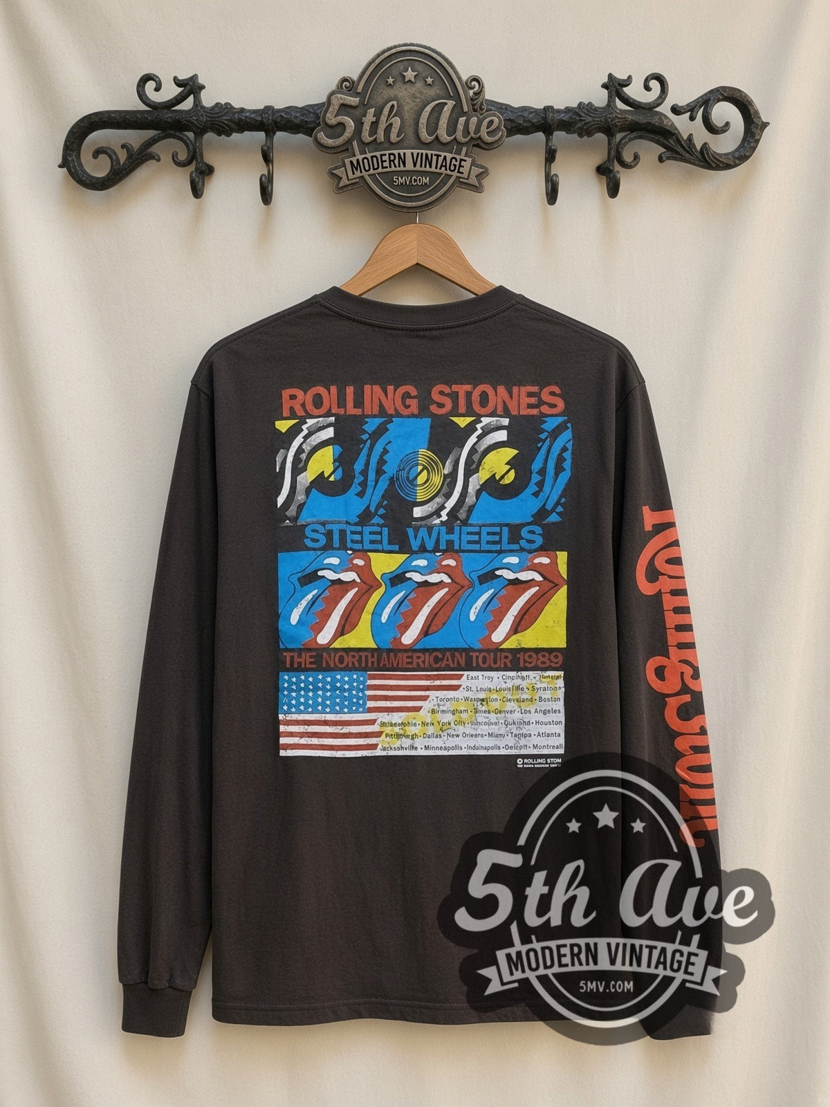 The Rolling Stones World's Greatest Rock and Roll Band Tour 89 vintage band long sleeve t-shirt, back view on the 5MV rack