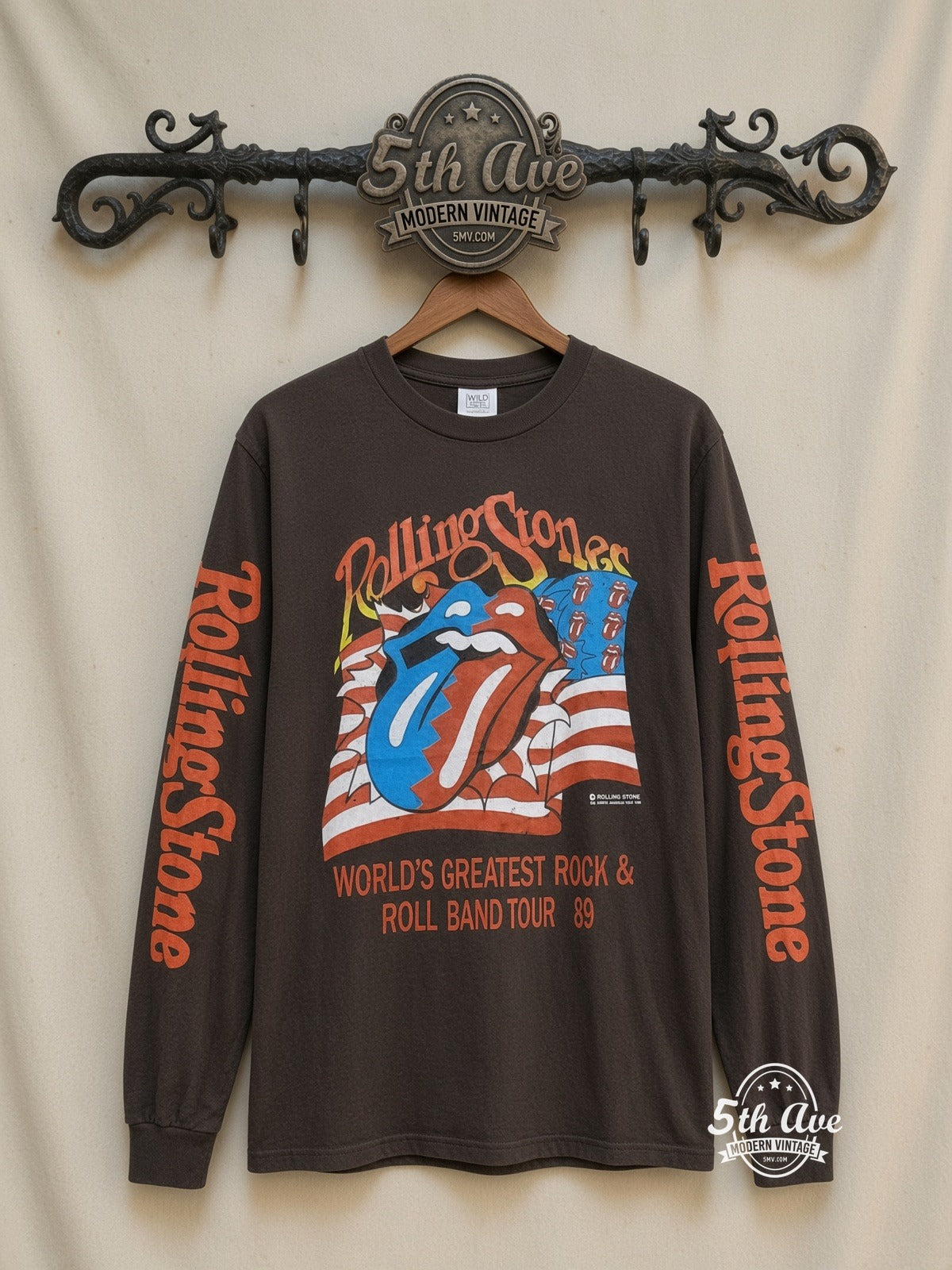 ETS LS 05 The Rolling Stones World's Greatest Rock and Roll Band Tour 89 long sleeve vintage tee on rack, front