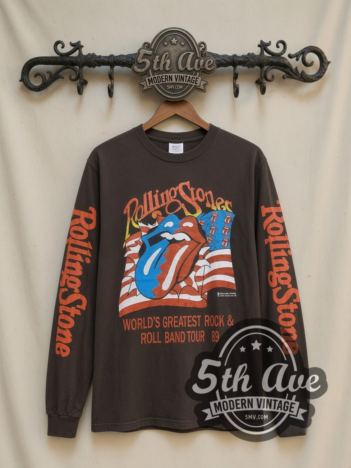 The Rolling Stones World's Greatest Rock and Roll Band Tour 89 vintage band long sleeve t-shirt, front view on the 5MV rack