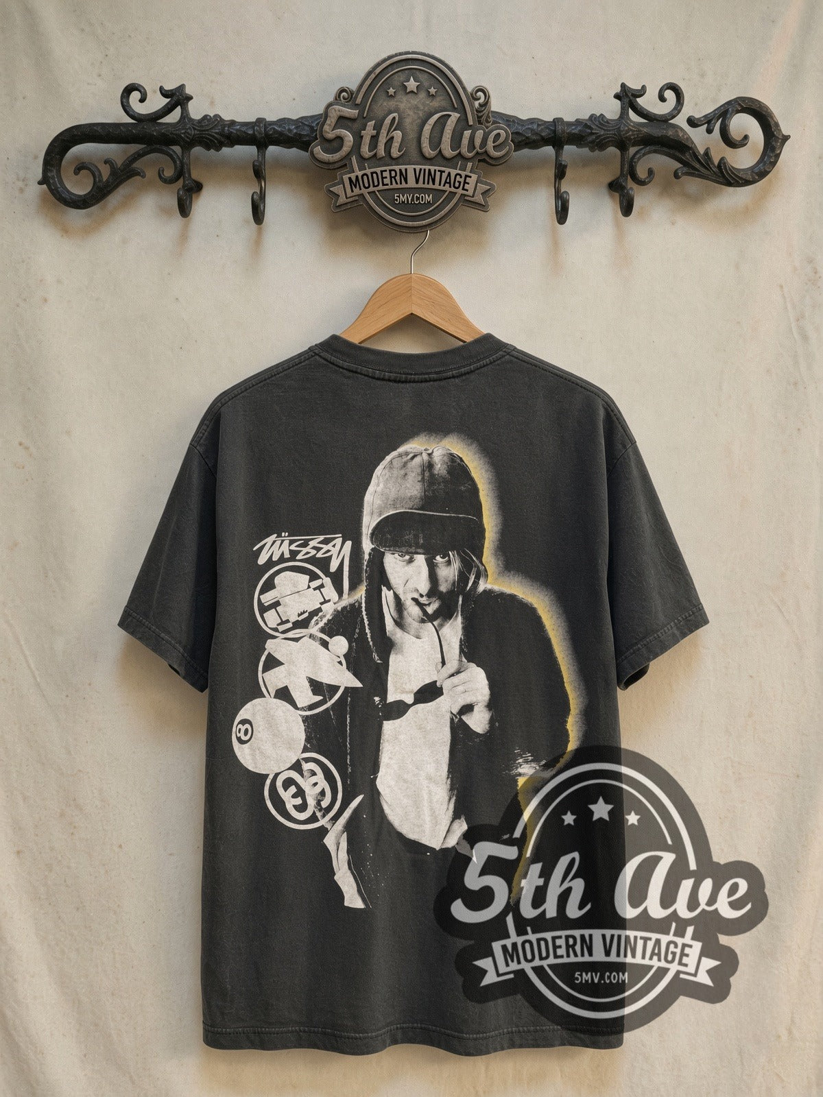 Kurt Cobain Stussy Halo Quote vintage band t-shirt, back view on a display rack