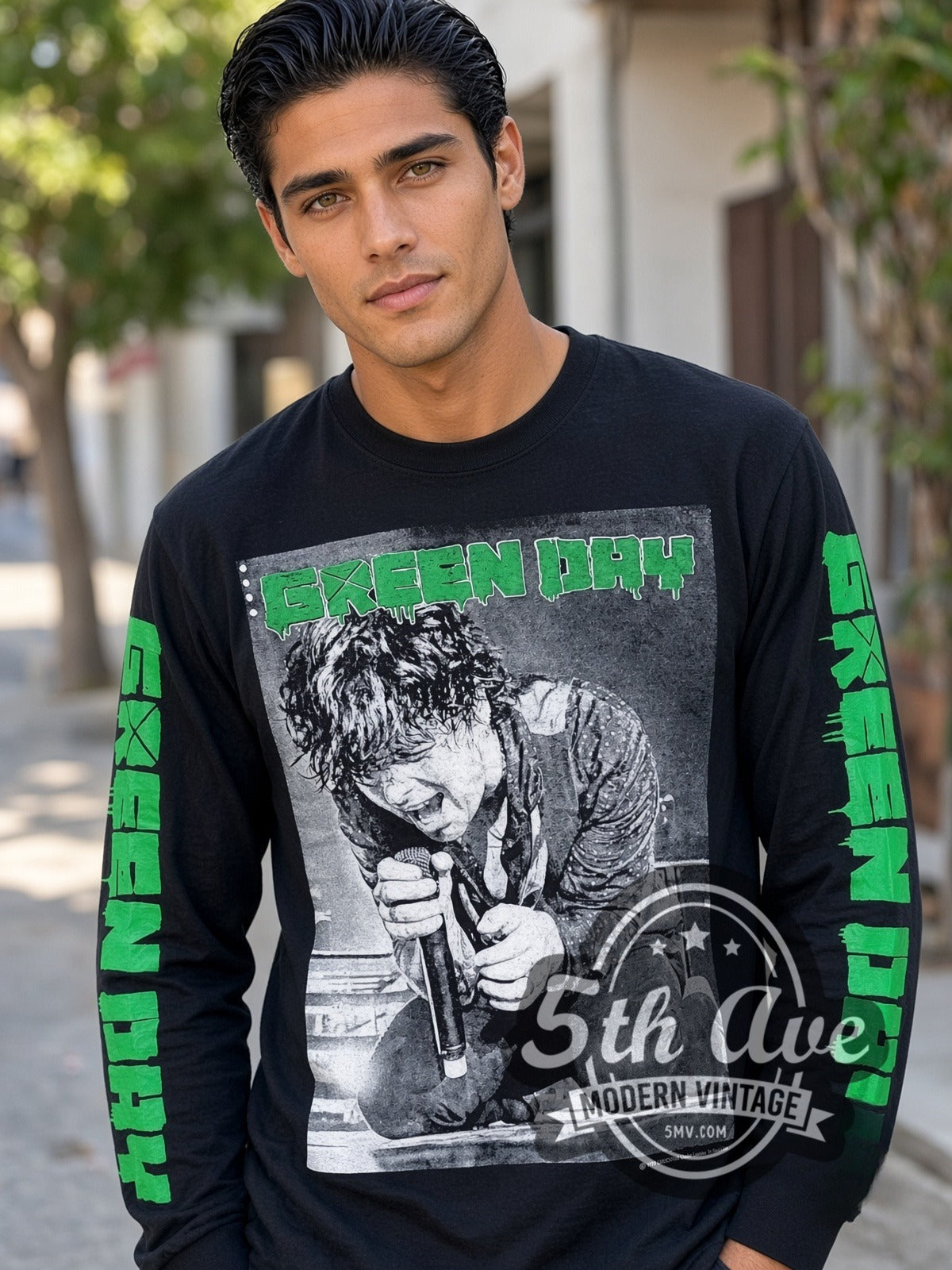 Model wearing the Green Day Kneeling Singer vintage band long sleeve t-shirt