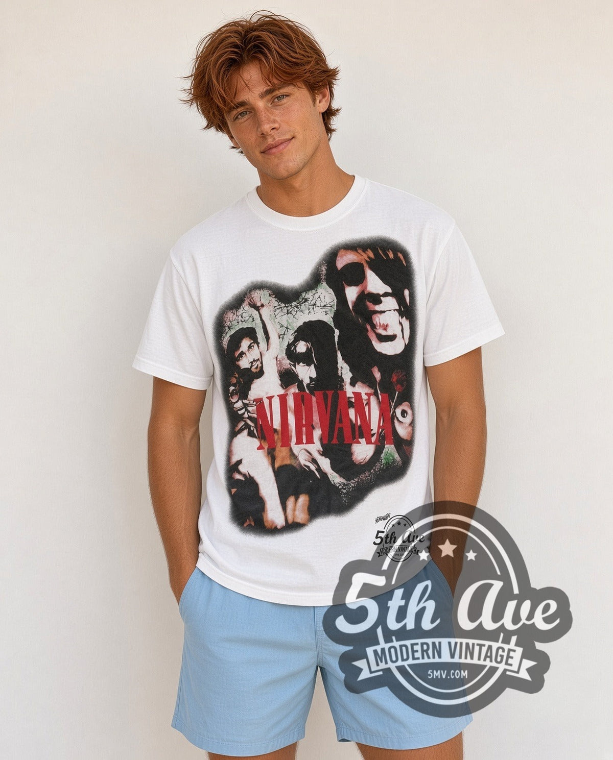 Model wearing the Nirvana Red Logo Band vintage band t-shirt in white