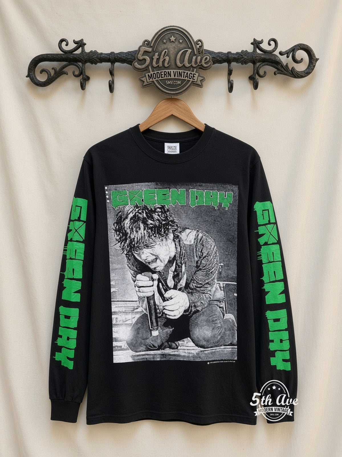 ETS LS 06 Green Day Kneeling Singer long sleeve vintage tee on rack, front
