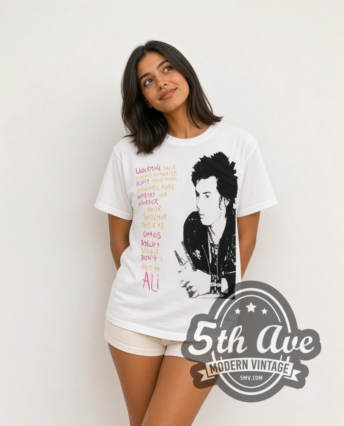 Model wearing the Sid Vicious Your Friends vintage band t-shirt in white