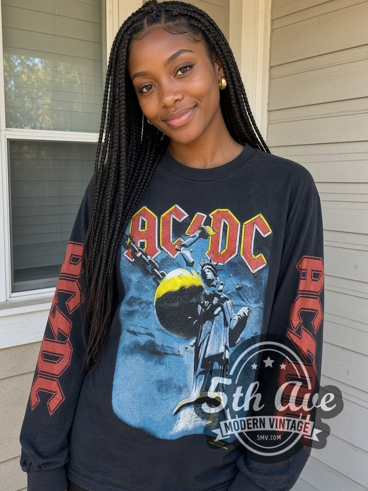 Model wearing the AC/DC Wrecking Ball vintage band long sleeve t-shirt