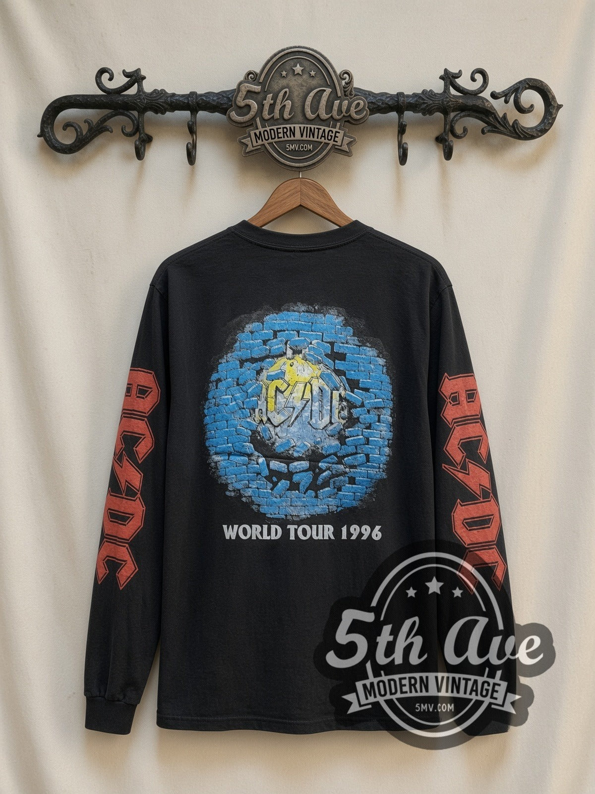 AC/DC Wrecking Ball vintage band long sleeve t-shirt, back view on a display rack
