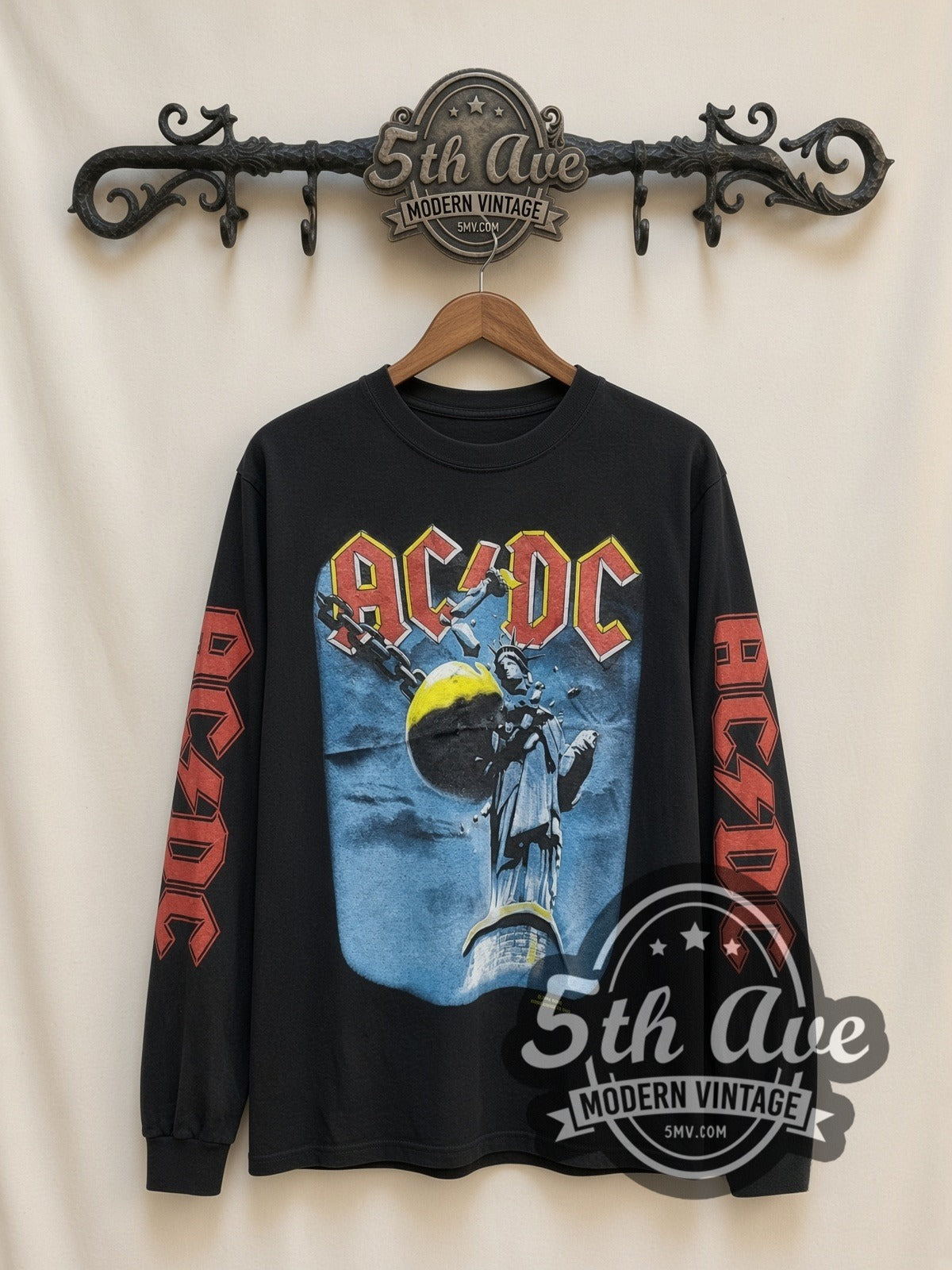 AC/DC Wrecking Ball vintage band long sleeve t-shirt, front view on a display rack