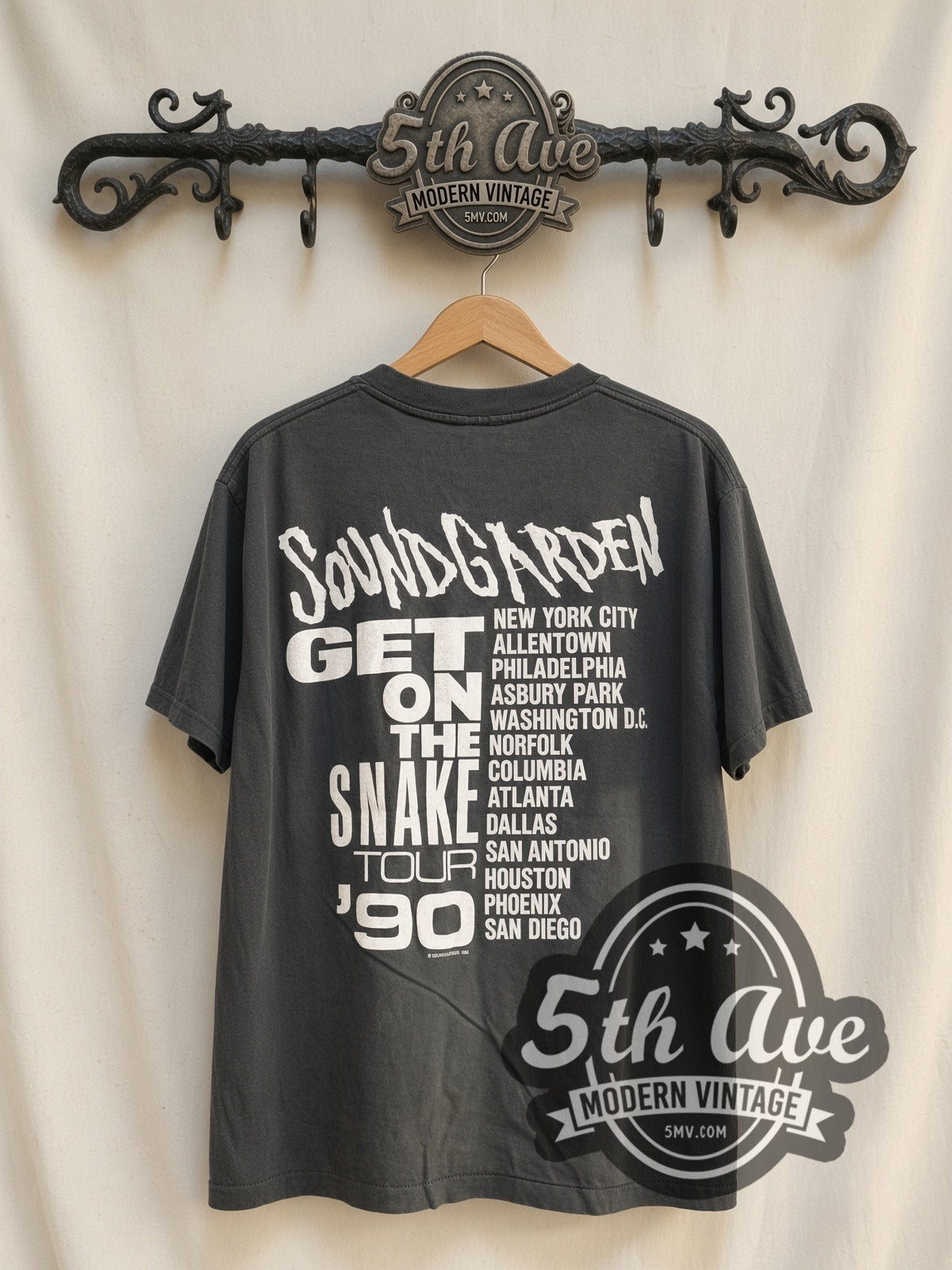 Soundgarden Get on the Snake Tour '90 vintage band t-shirt, back view on a display rack