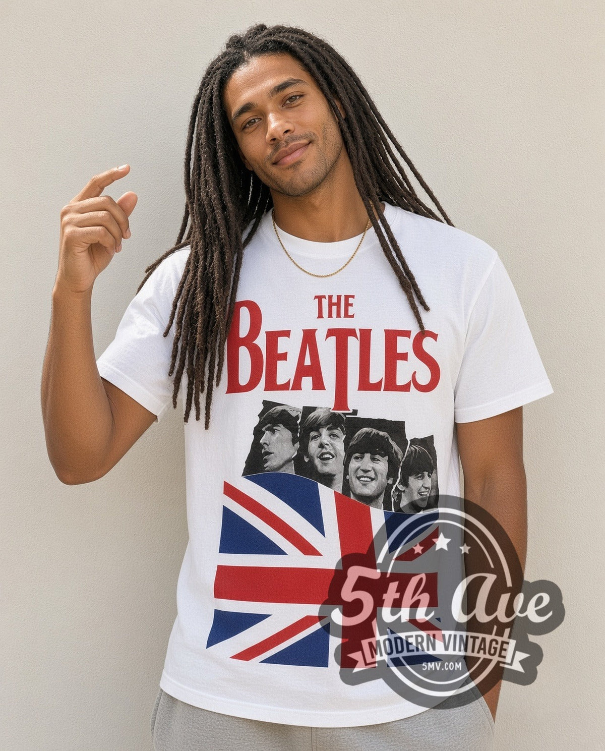 Model wearing The Beatles Union Jack vintage band t-shirt in white