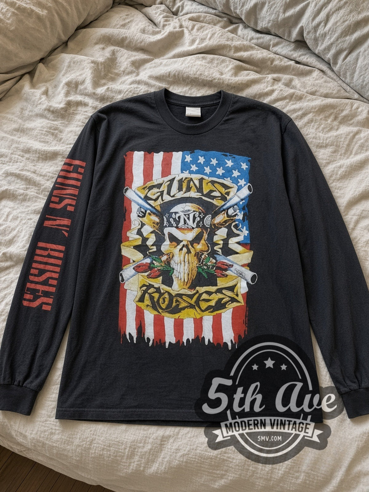 Guns N' Roses Skull Crossed Guns Flag vintage band long sleeve tee laid flat