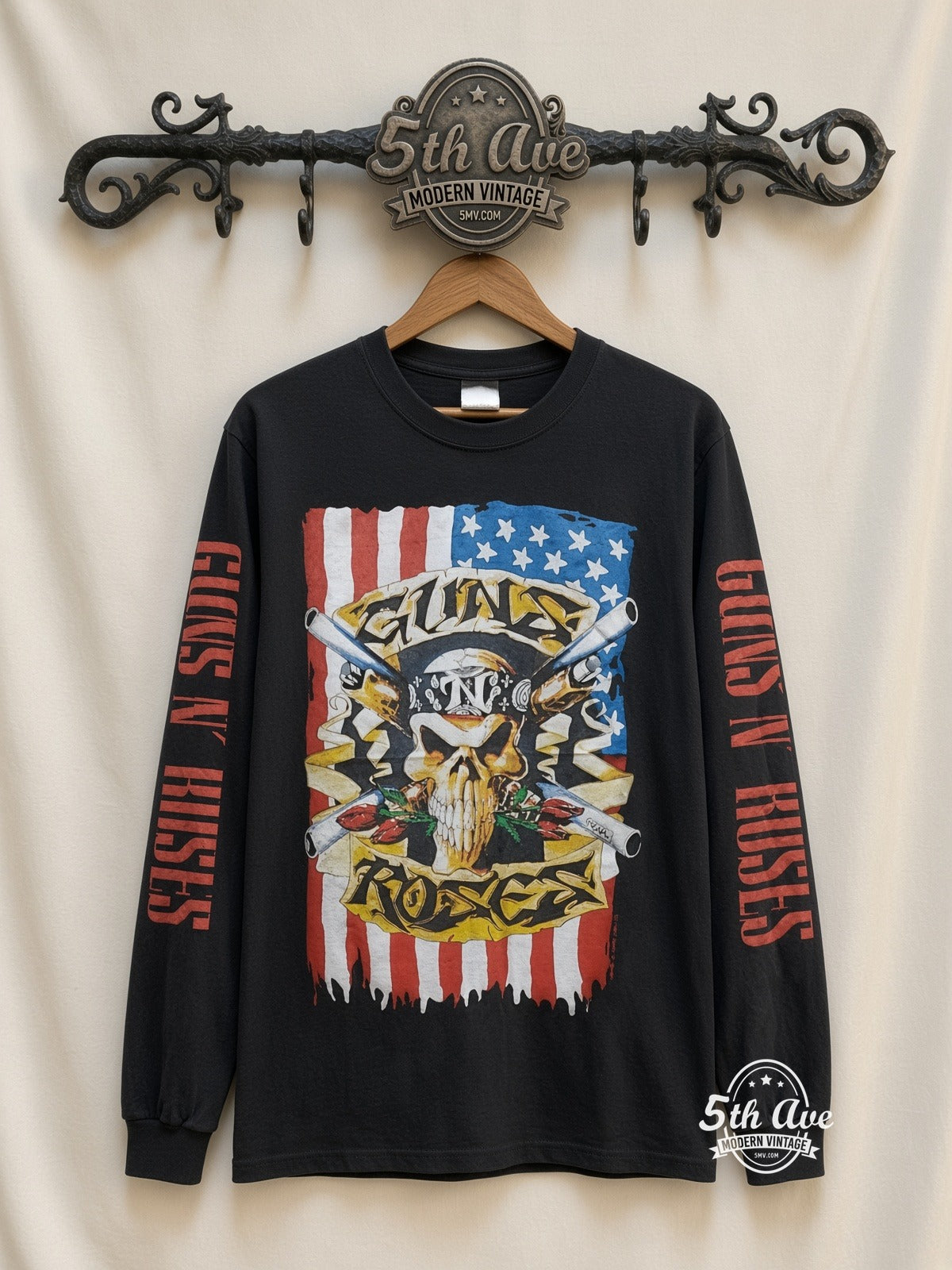ETS LS 09 Guns N' Roses Skull Crossed Guns Flag long sleeve vintage tee on rack, front