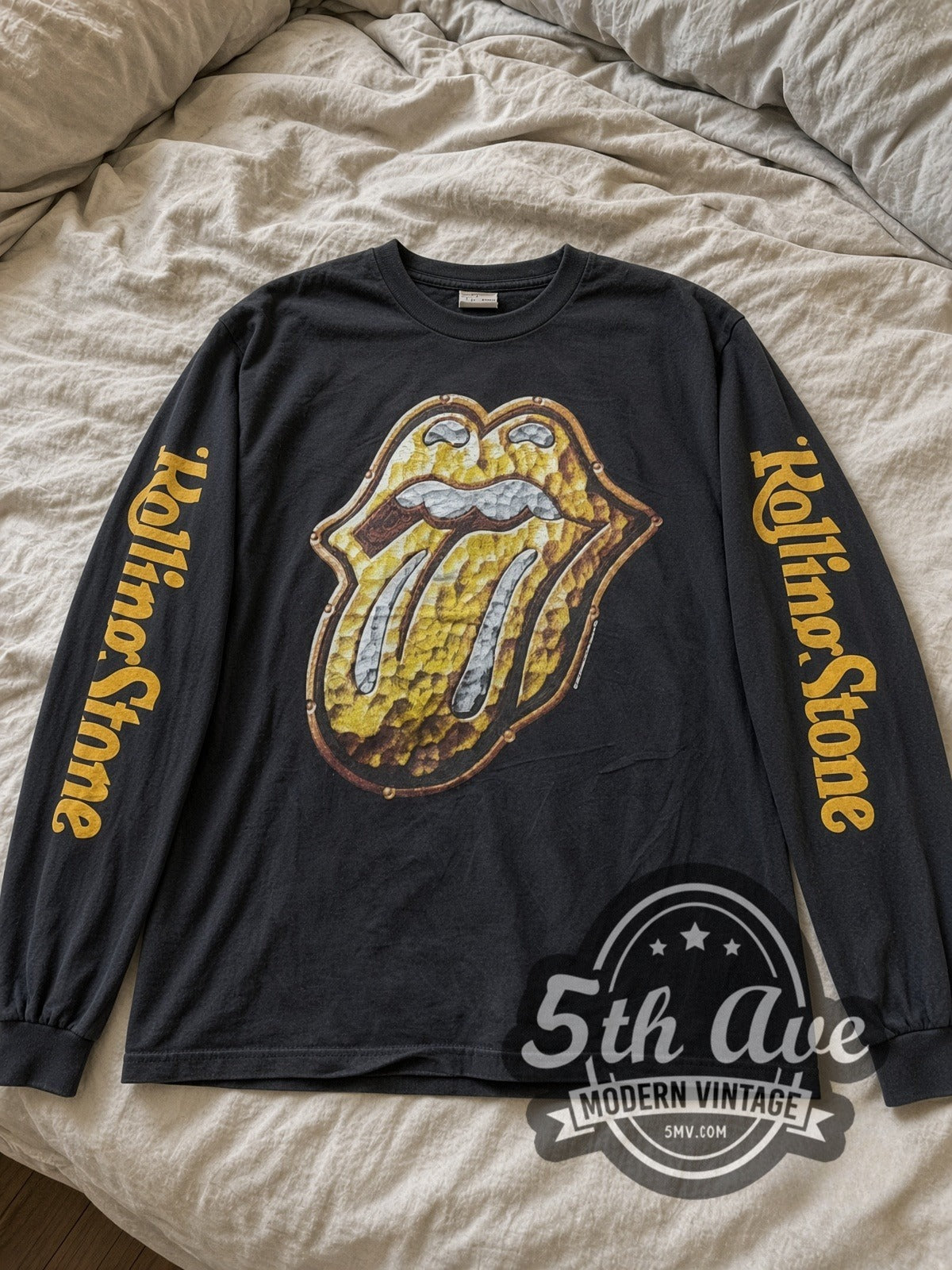 The Rolling Stones Gold Tongue vintage band long sleeve tee laid flat