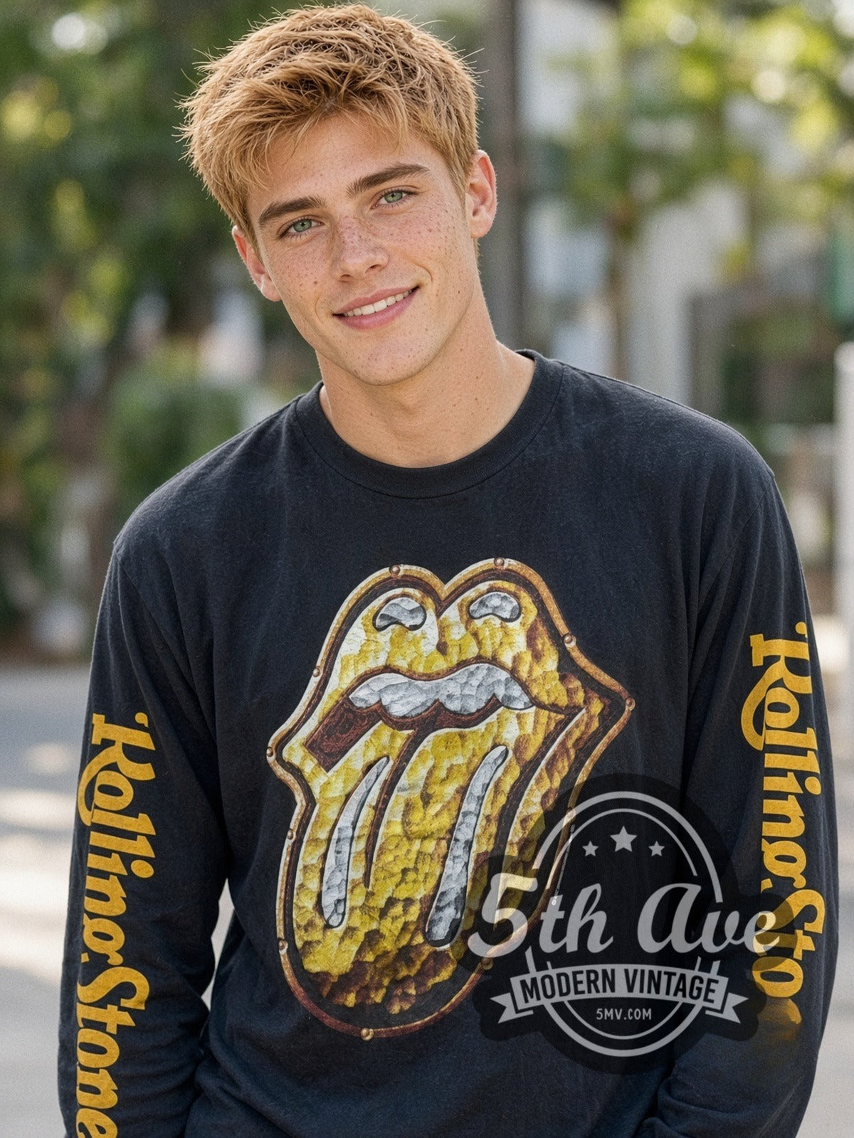 Model wearing The Rolling Stones Gold Tongue vintage band long sleeve t-shirt