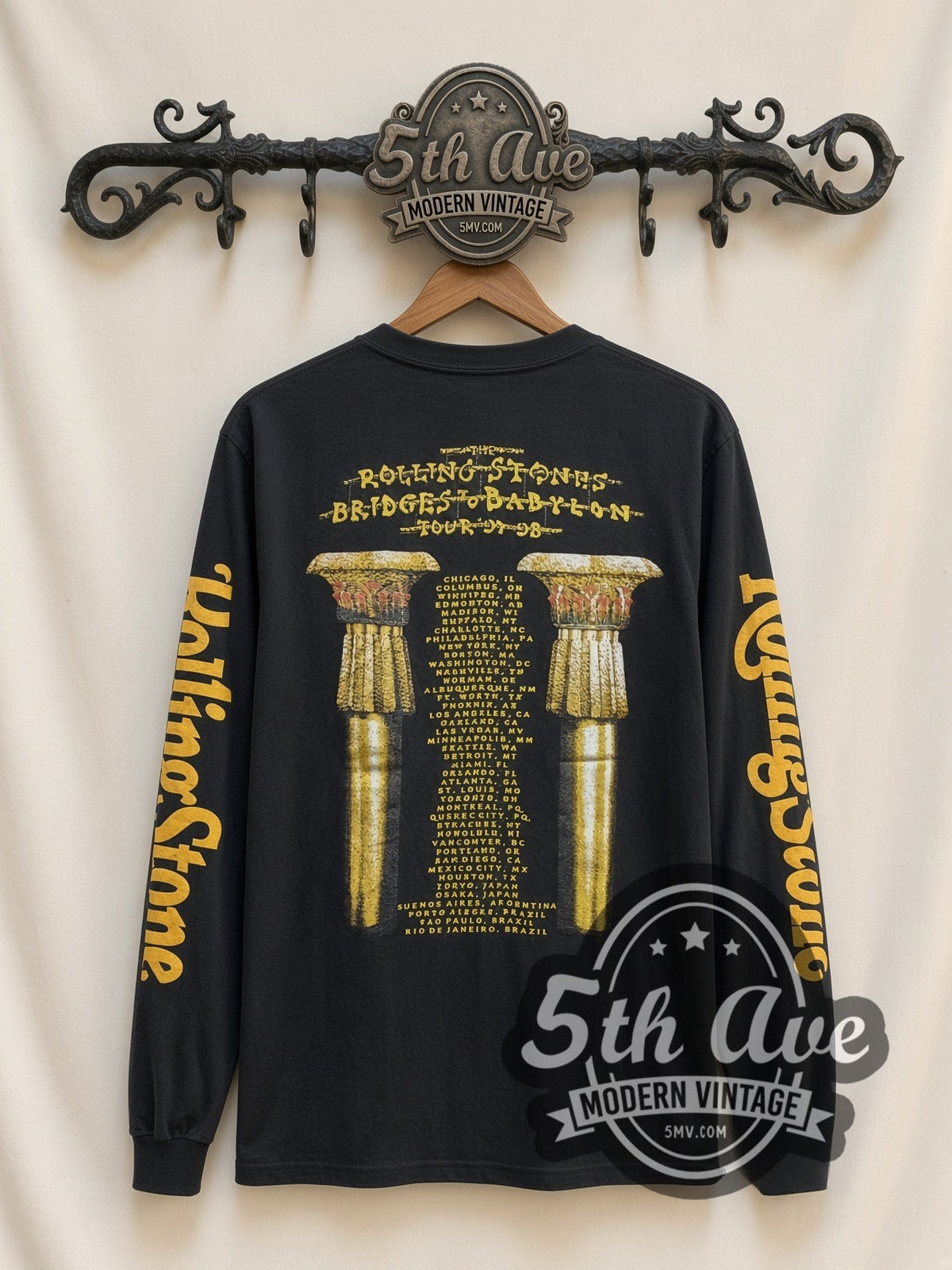 The Rolling Stones Gold Tongue vintage band long sleeve t-shirt, back view on a display rack