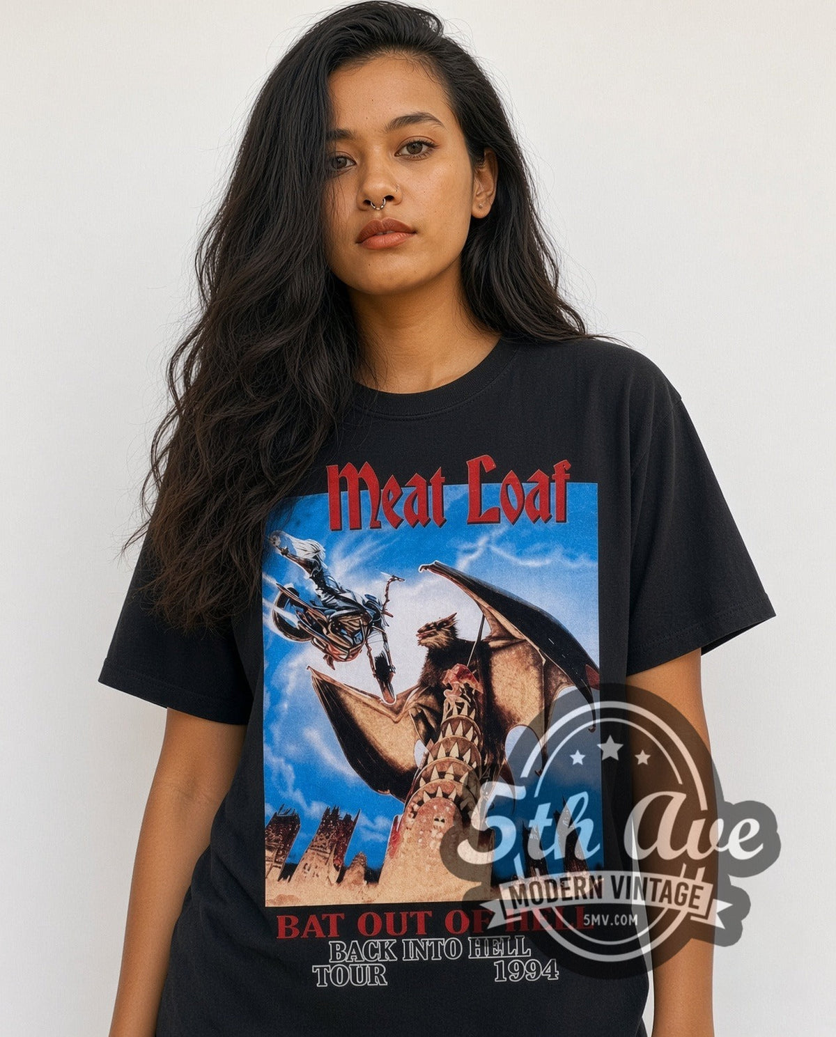 Model wearing the Meat Loaf Bat Out of Hell 1994 vintage band t-shirt in black