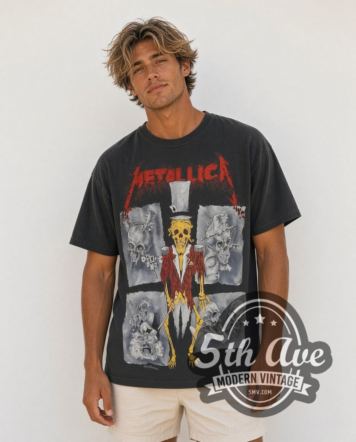 Model wearing the Metallica Ringmaster 1992 all-over-print vintage band t-shirt in black
